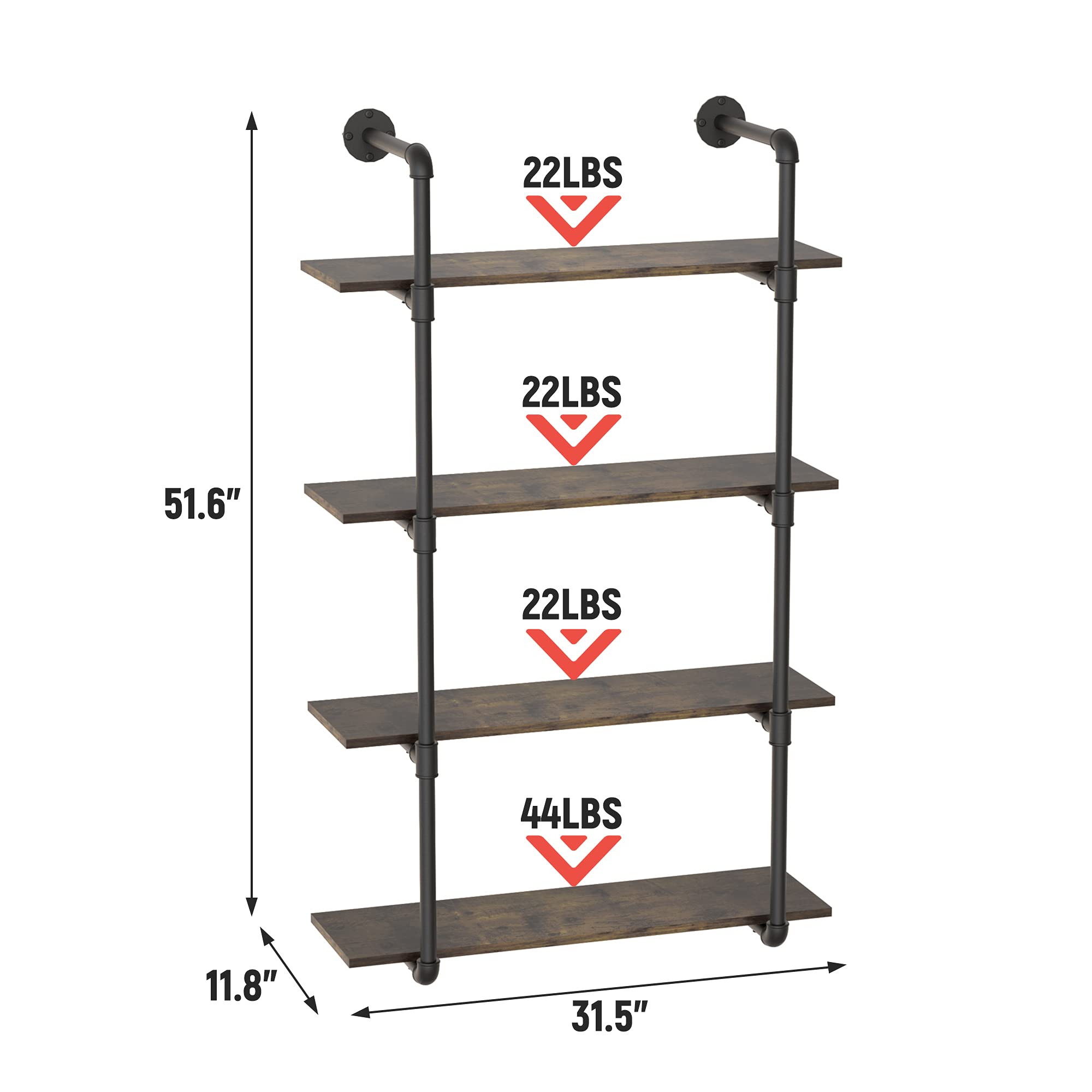 Gezen Industrial Pipe Shelving - 4 Tier Metal Floating Shelves & Rustic Wood Ladder Bookshelf - Wall Mounted Storage Shelf for Living Room, Kitchen, Bathroom - Perfect for Home Organization & Displaying Decor