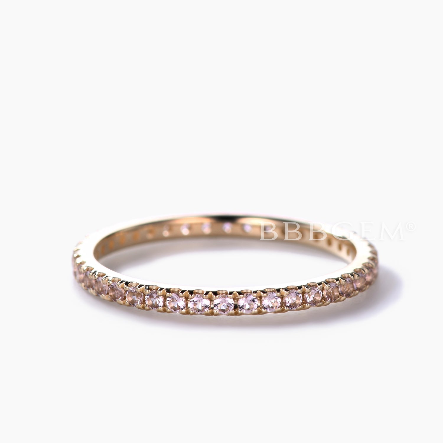 14K Yellow Gold Petite Morganite Wedding Band - Micro Pave Eternity Ring for Women | Perfect for Engagement, Anniversary & Bridal Jewelry Gifts
