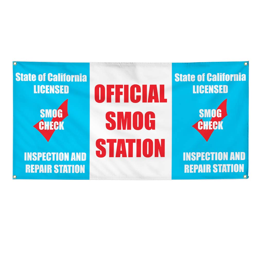 Smogi Station California Licensed Vinyl Banner - Weatherproof, Durable Outdoor Yard Sign (48x96 Inches, Blue) with 8 Grommets - Perfect for Automotive, Industrial & Business Advertising