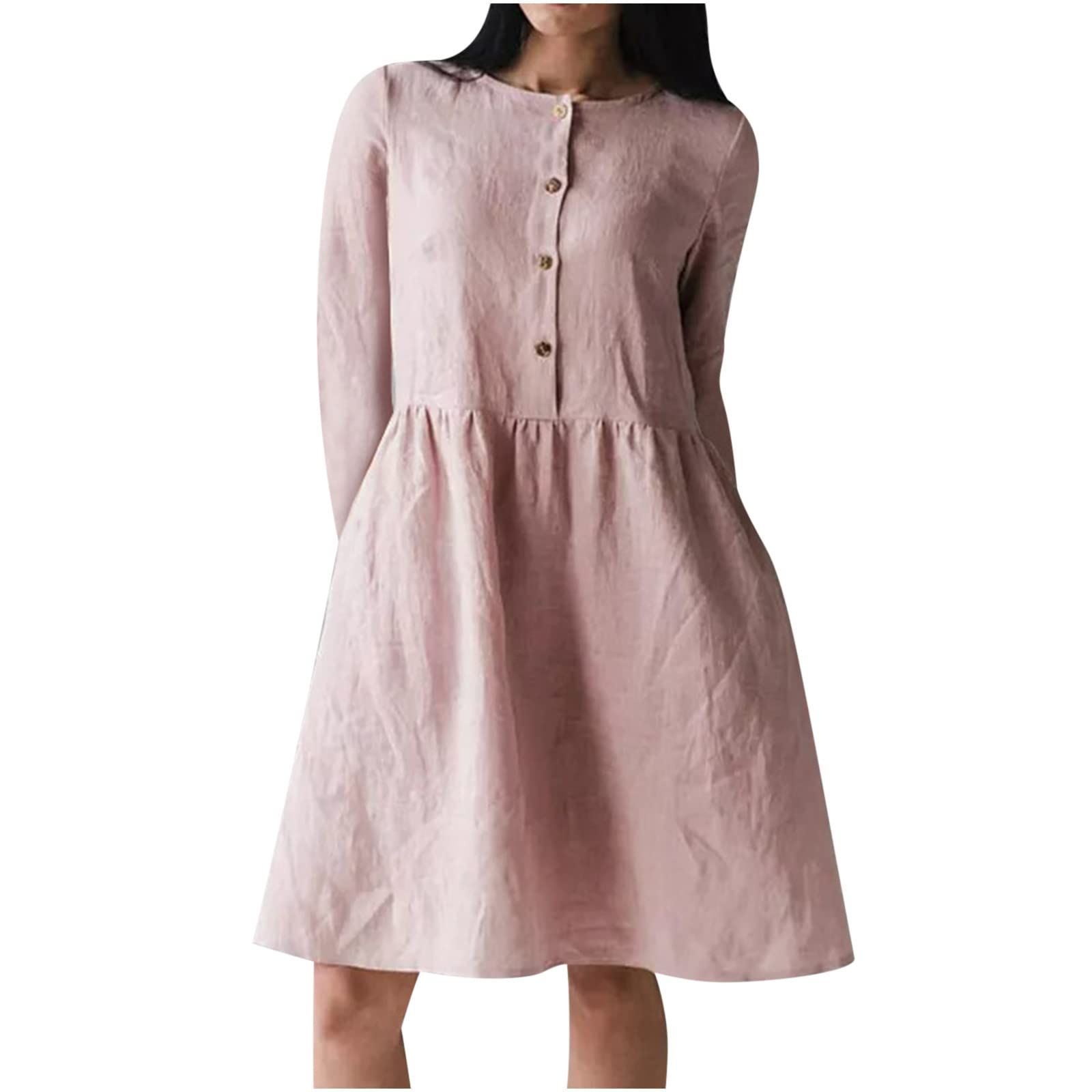 Women's Casual Round Neck Button-Down Midi Dress - Long Sleeve Cotton Linen Blend Knee-Length Dress with Pockets | Solid Color Loose Fit for Work, Travel & Everyday Wear