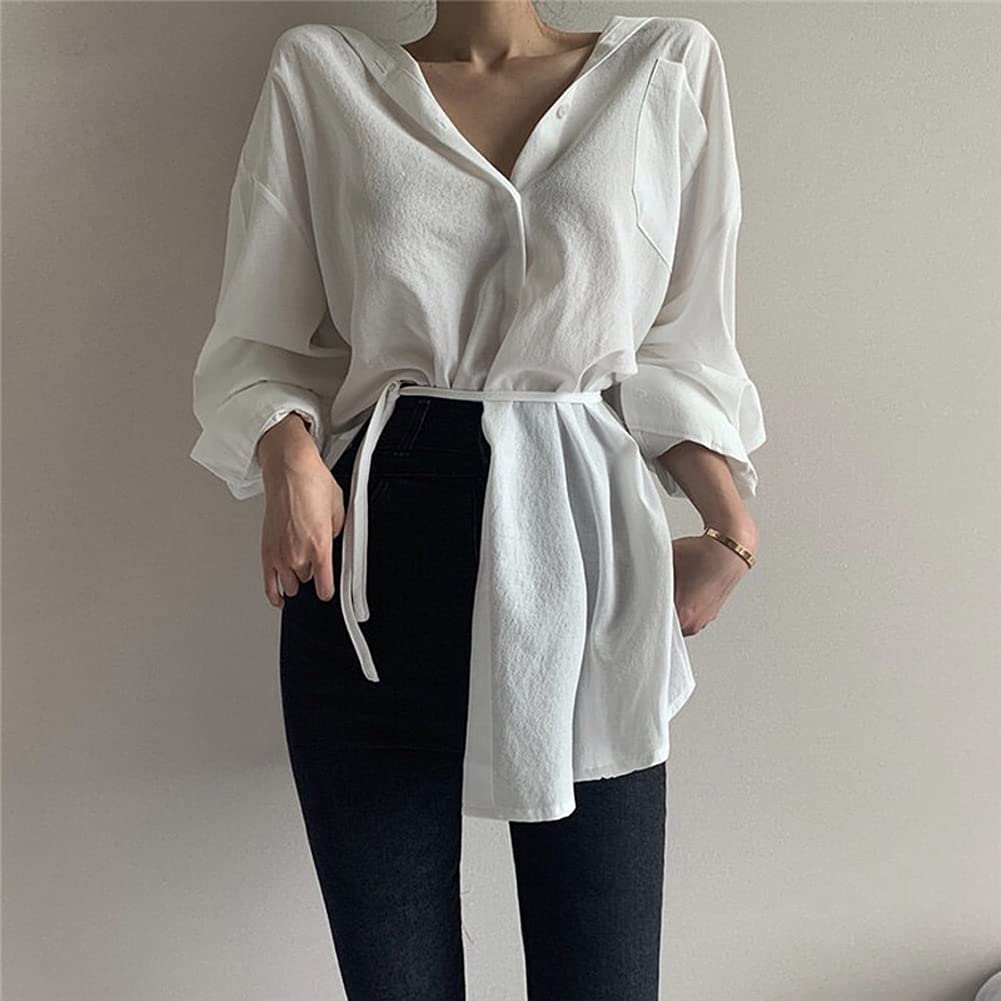 UXZDX CUJUX Women's Korean Style Spring Long Sleeve Cardigan Button Up Shirt - Casual Lace-up White Blouse with Irregular Hem for Women | Perfect for Office Wear, Date Night & Spring Outfits (Color: White, Size: One Size)