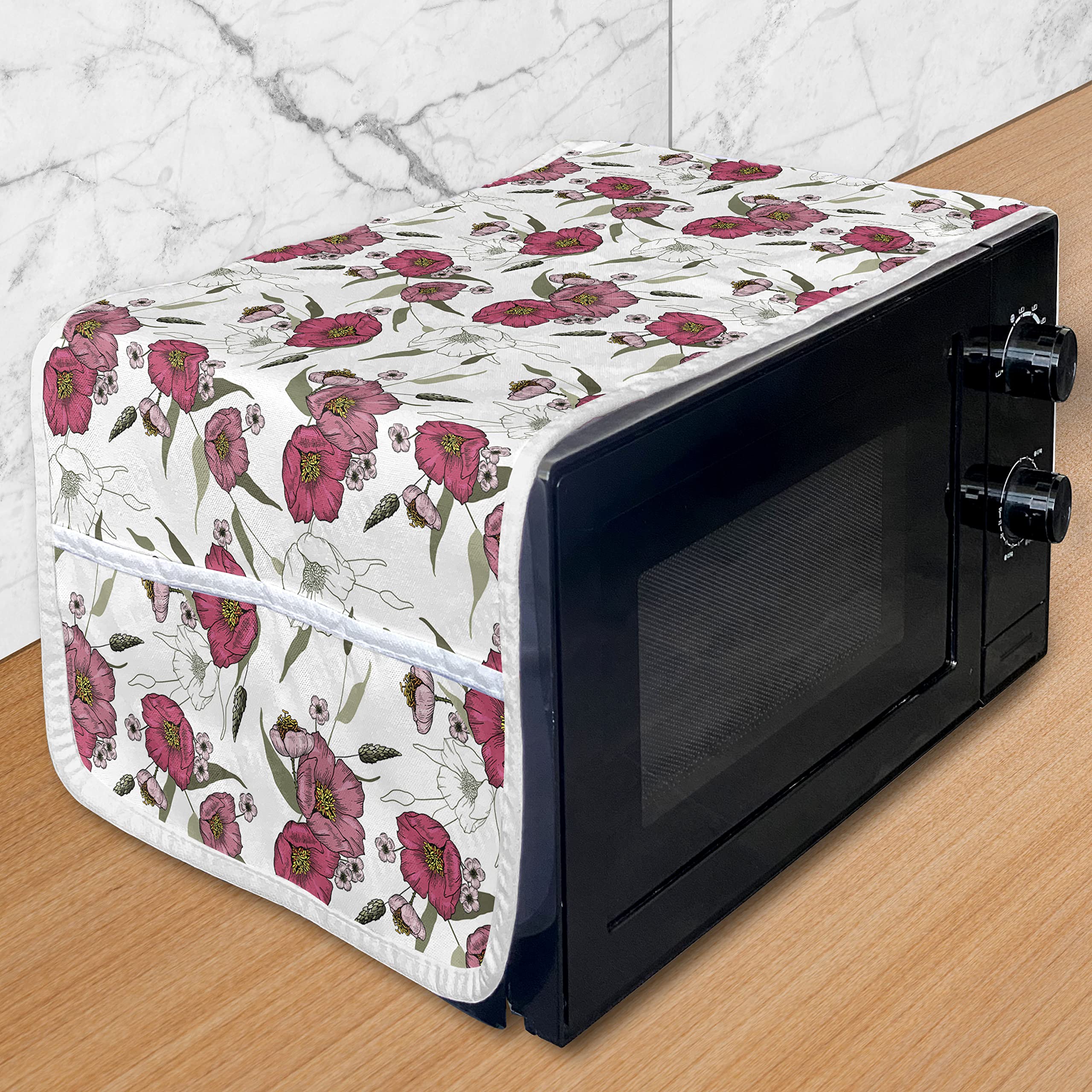 Ambesonne Floral Microwave Cover - Vintage Peony Bouquet Design, Waterproof & Heat Resistant Kitchen Organizer with Pockets, 36