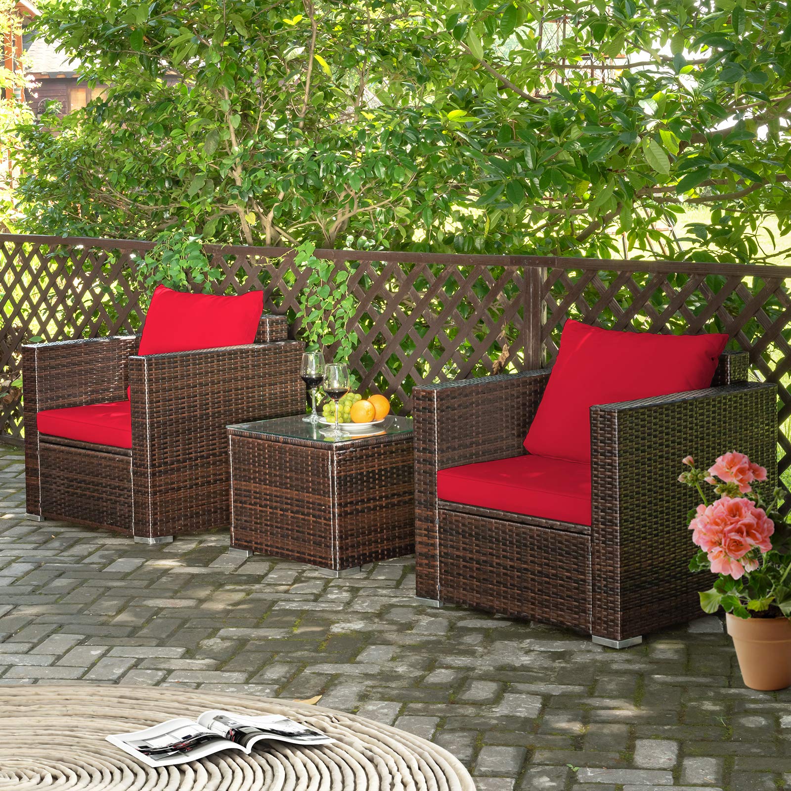 Tangkula 3-Piece Outdoor Patio Furniture Set with Washable Cushions & Tempered Glass Table - PE Rattan Wicker Sofa Set for Garden, Poolside, Balcony - Perfect for Relaxing, Entertaining & Outdoor Dining