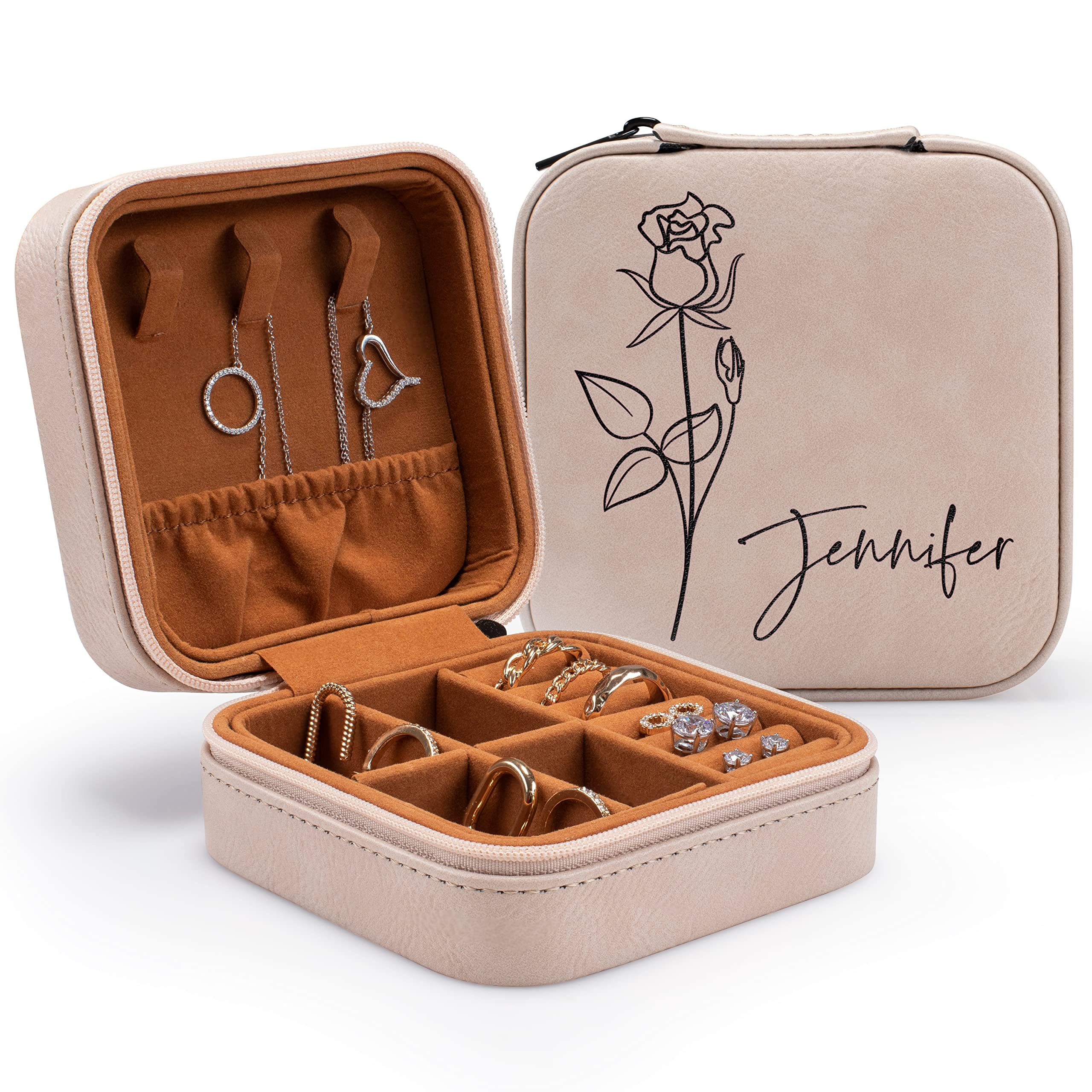 Personalized Leather Jewelry Box with Custom Name & Birth Flower - Elegant Jewelry Organizer for Women, Travel Jewelry Case - Perfect Birthday Gift for Mom, Wife, Sister - Rose Design - Great for Travel, Home Storage & Special Occasions
