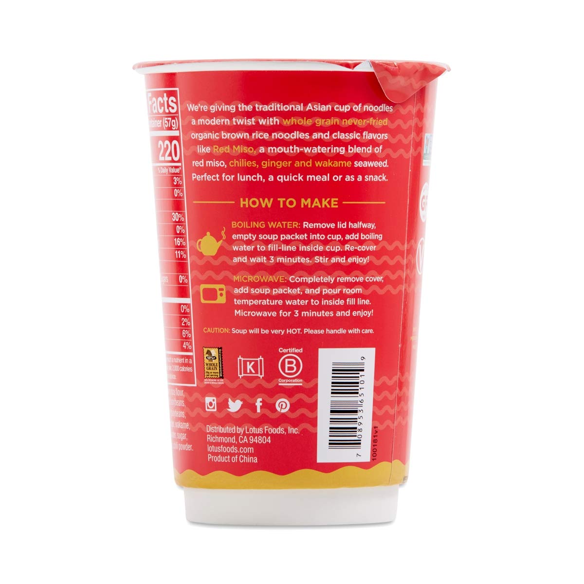 Lotus Foods Organic Red Miso Rice Ramen Noodle Soup Cup - 2 oz | Gluten-Free Instant Noodles | Vegan & Non-GMO | Quick Meal for Office, College Dorm or Camping