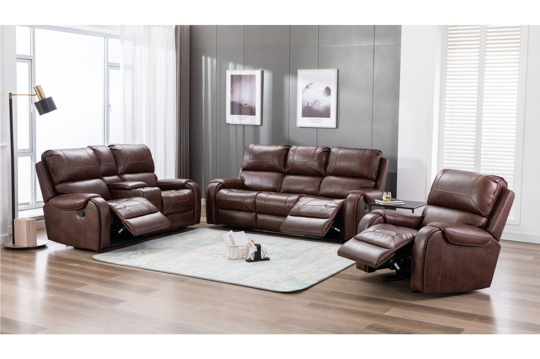 Caesar Brown Reclining Living Room Set - 3-Piece Leather Recliner Sofa with Cup Holders | Perfect for Family Movie Nights & Home Theater Lounging