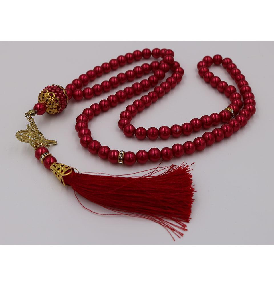 99-Count Islamic Tesbih Acrylic Pearl Prayer Beads with Tughra Tassel - Red Muslim Rosary for Dhikr, Meditation & Spiritual Practice