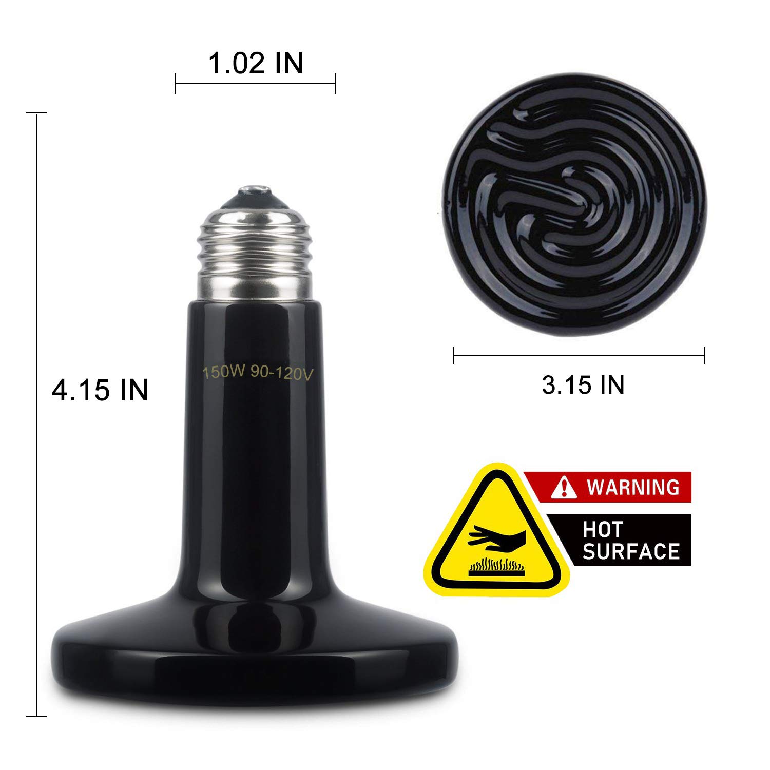 150W Ceramic Heat Emitter Bulb - No Light Infrared Reptile Heater for Lizards, Snakes, Tortoises | Safe for Chicken Coops, Pet Brooders & Aquariums | Durable 2-Pack Black Heat Lamp for Nighttime Use
