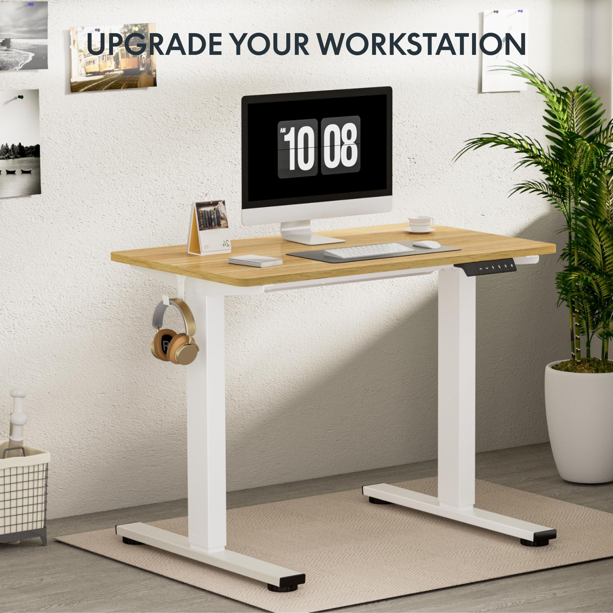 Flexispot EN1 Electric Height Adjustable Standing Desk 40 x 24 Inches - Whole-Piece Maple Top & White Frame - Sit Stand Home Office Desk for Work, Study & Gaming (Ergonomic Workspace Solution)