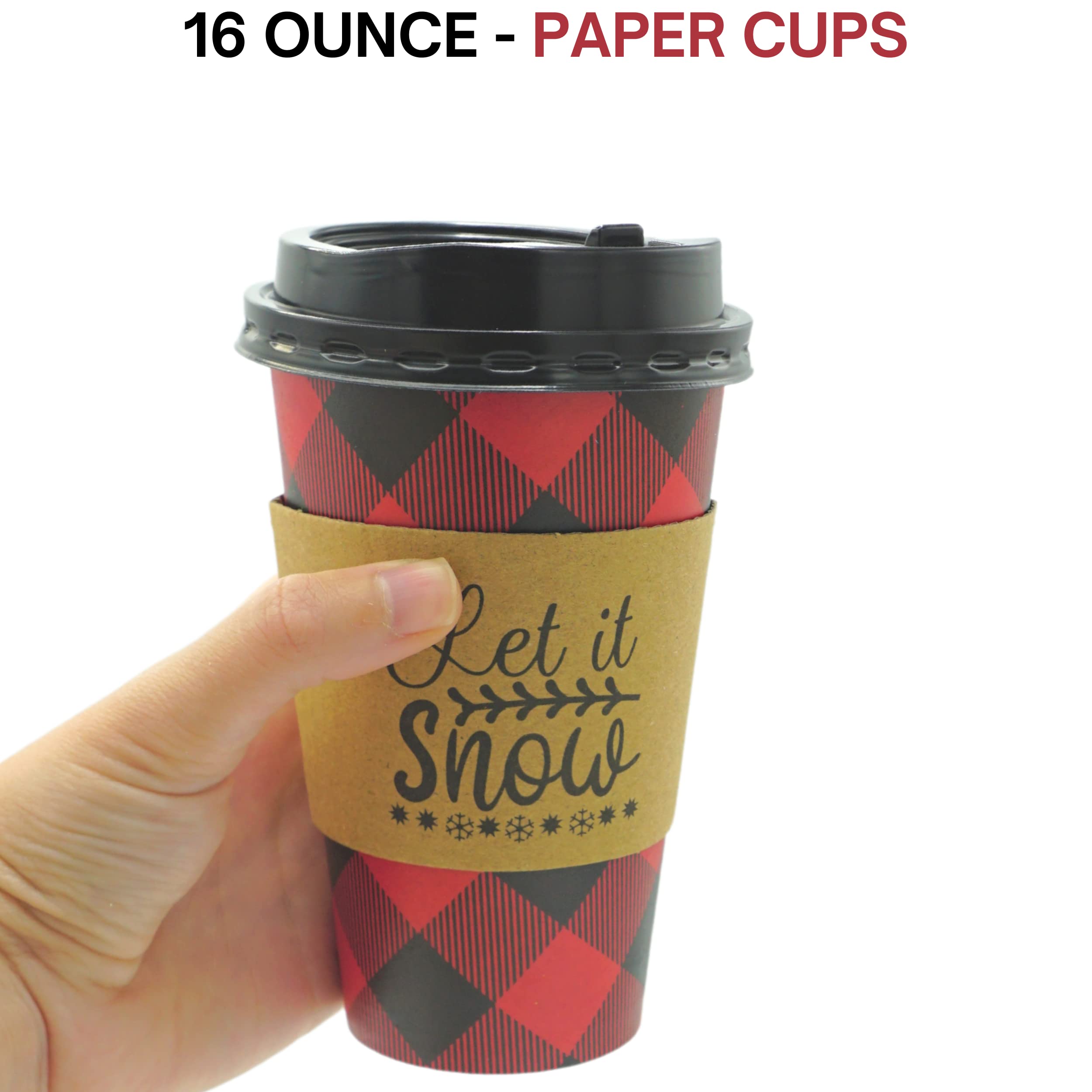 16oz Buffalo Plaid Christmas Disposable Coffee Cups with Lids & Sleeves (12 Pack) - Insulated Paper Cups for Hot Cocoa, Hot Chocolate Bar, Lumberjack Party Supplies - Perfect for Holiday Gatherings, Office Parties & Winter Celebrations