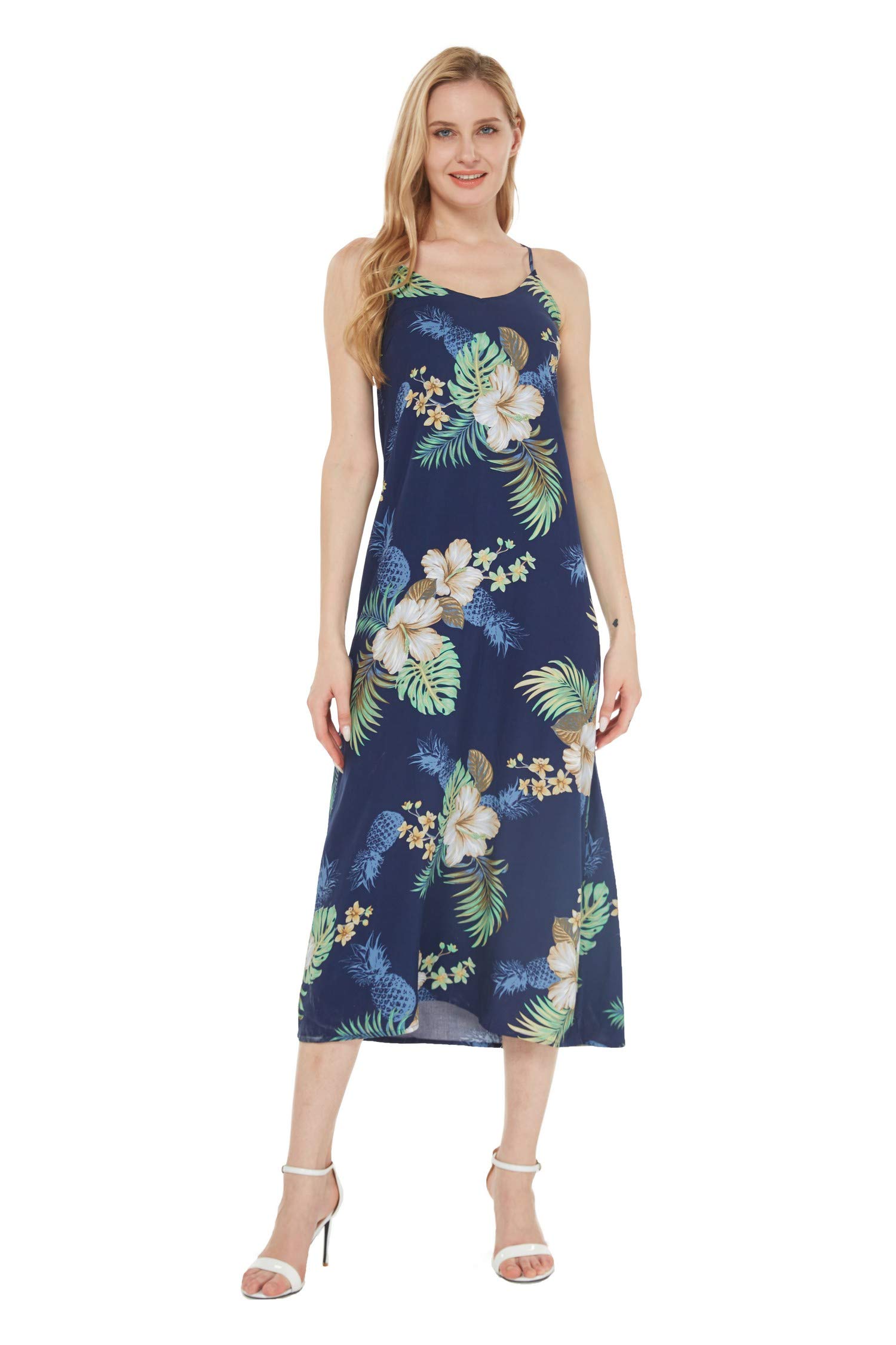 Matching Couples Hawaiian Luau Aloha Shirt & Maxi Tank Dress Set - Pink Hibiscus Vine Print - Perfect for Beach Vacations, Summer Parties & Tropical Getaways