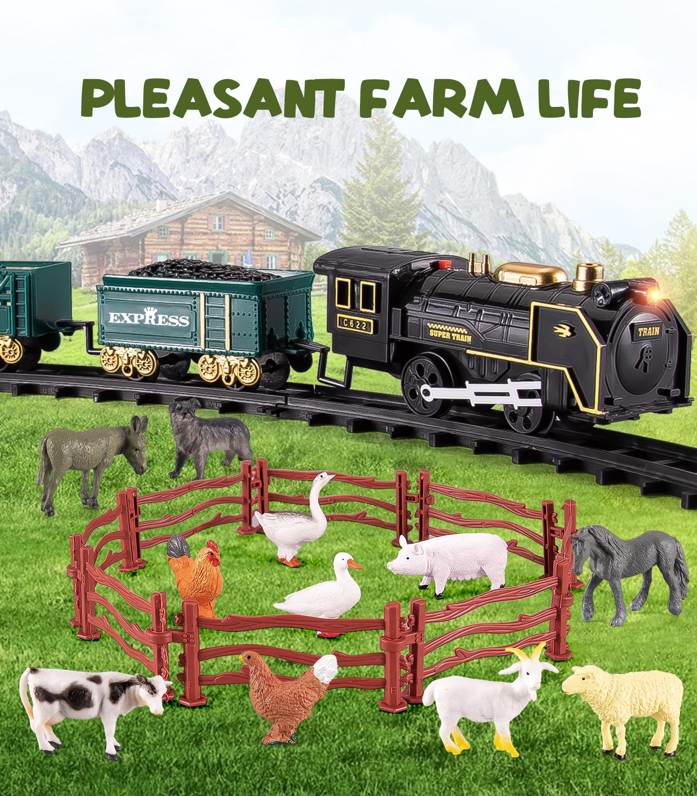 Electric Farm Toy Train Set with Light & Sound - 12 Animal Figures Included - Miniature Steam Engine for Kids Ages 3+ - Perfect for Birthday Cakes, Stocking Stuffers & Toddler Playtime