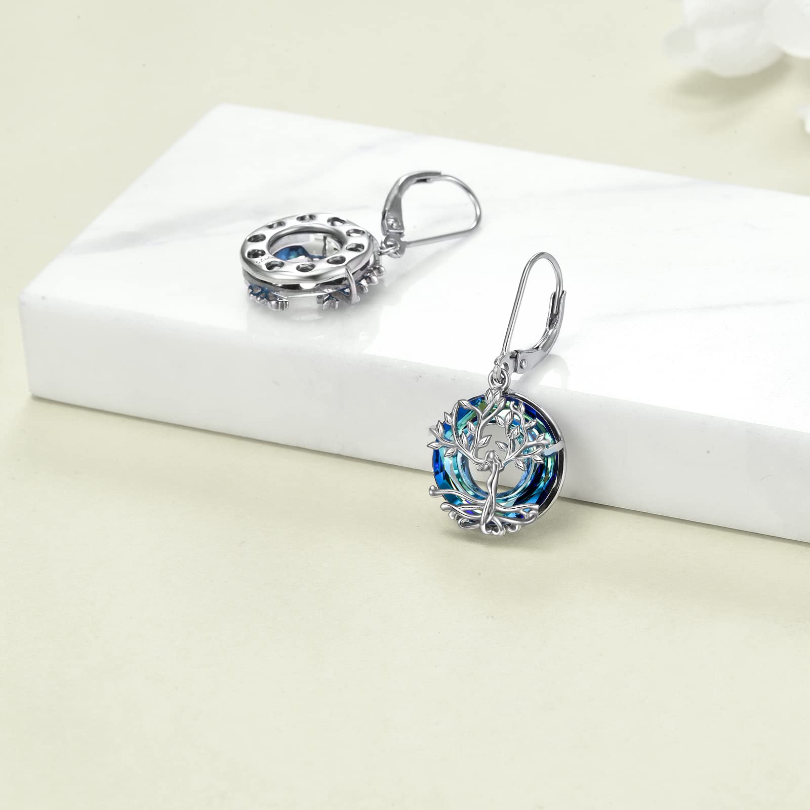 Tree of Life Leverback Earrings Sterling Silver Dangle Drop Earrings with Blue Crystal - Elegant Birthstone Jewelry Gifts for Women, Perfect for Birthday, Anniversary, Wedding & Everyday Wear