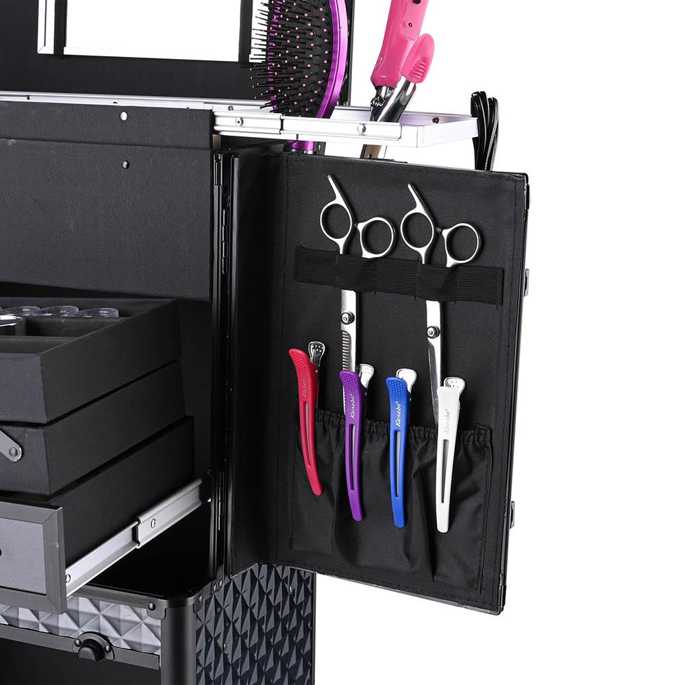 Professional Rolling Hairstylist Case - Black Salon Makeup & Barber Organizer with Wheels | Portable Beauty Station for Mobile Stylists, Home Salons & Travel Use