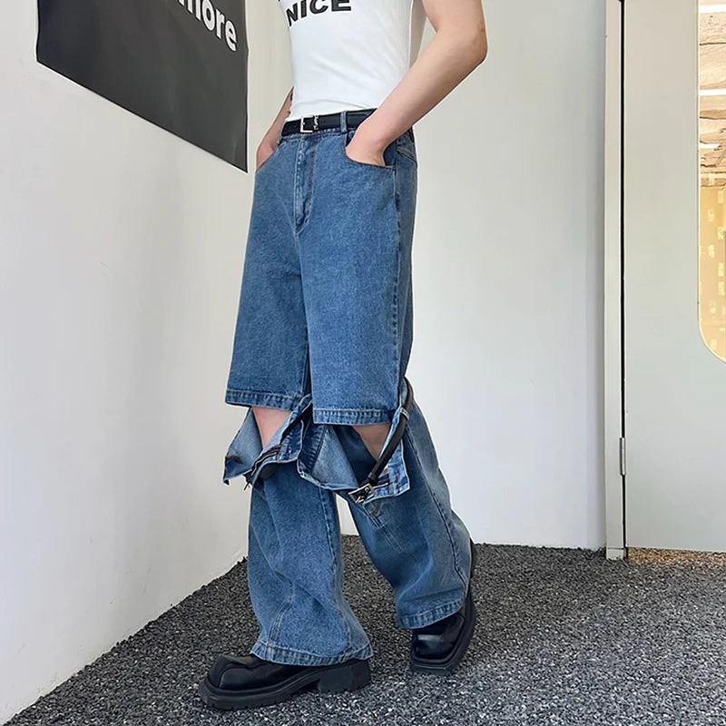 Men's Stylish Patchwork Washed Denim Jeans with Personalized Buckle Design - Solid Color Casual Pants for Spring | Perfect for Daily Wear, Office & Weekend Outfits