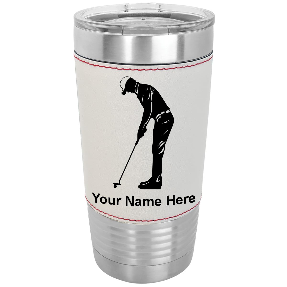 LaserGram 20oz Vacuum Insulated Stainless Steel Tumbler Mug with Personalized Engraving - Golf & Baseball Themed Faux Leather Wrap - Perfect for Golfers, Sports Fans & Office Use