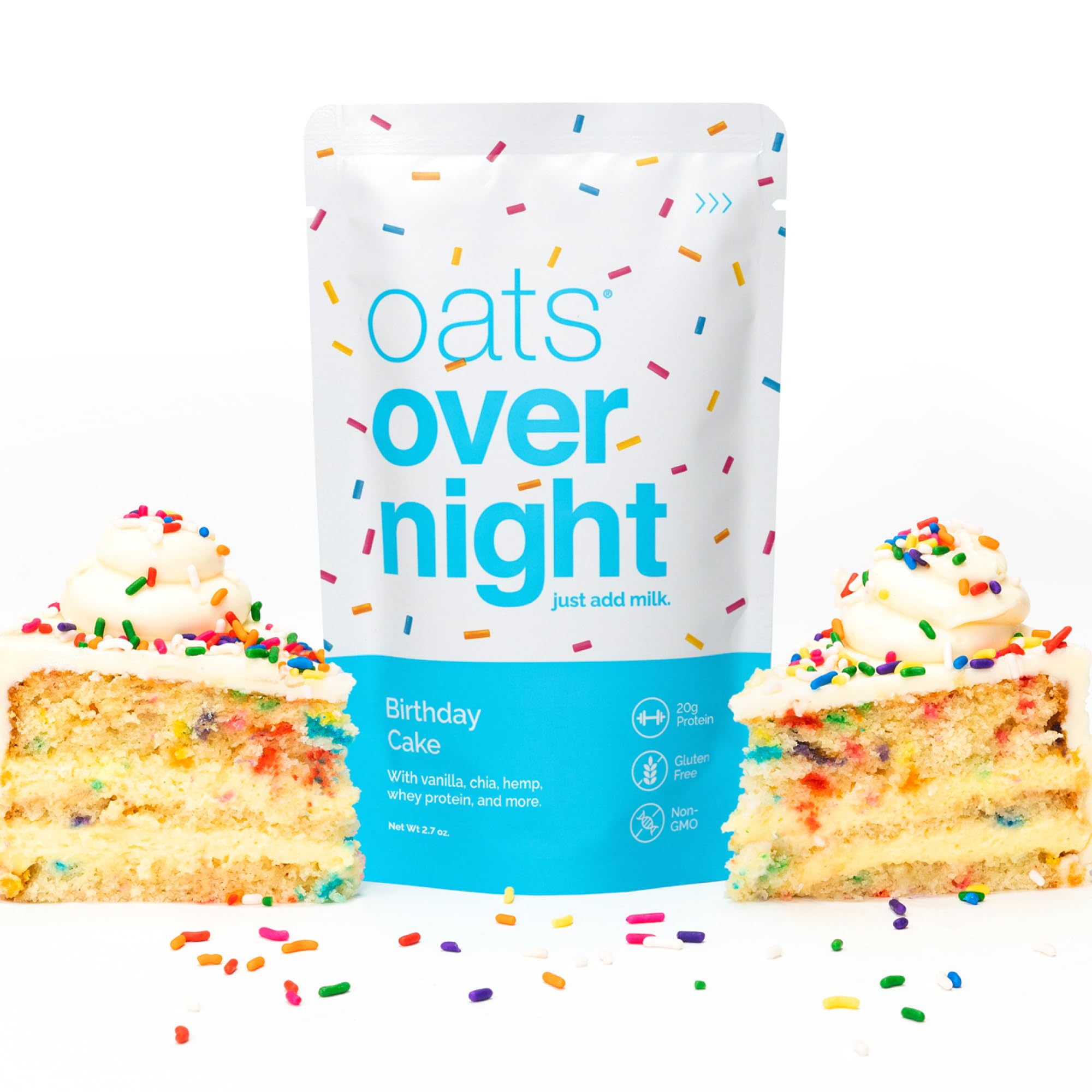 Oats Overnight Birthday Cake Protein Oatmeal - 20g Protein, 5g Fiber Gluten Free Non-GMO Breakfast Shake (8 Pack with BlenderBottle) - Perfect for Quick Morning Meals, Post-Workout Recovery & Healthy On-the-Go Snacking