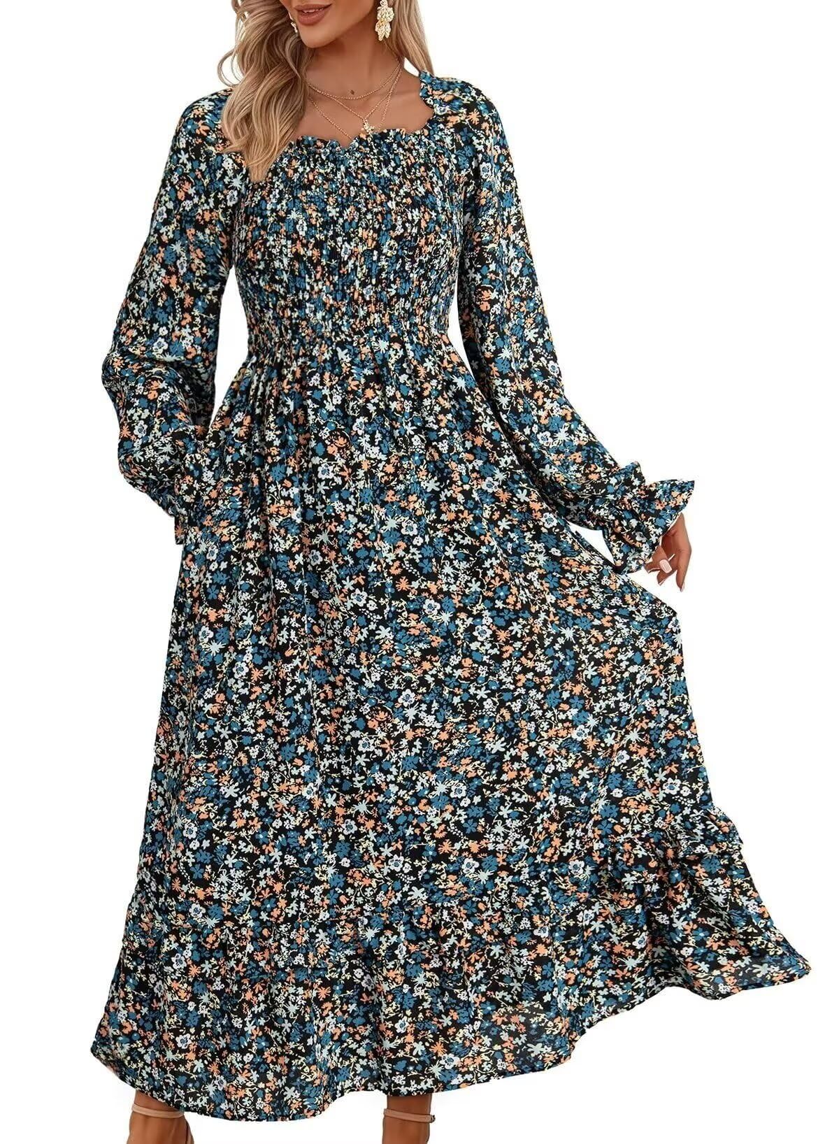 Dokotoo Women's Floral Maxi Dress with Square Neck & Long Sleeves - Casual Smocked Waist Tiered Ruffle Hem Spring Dress for Outdoor Events, Date Nights & Vacation Wear