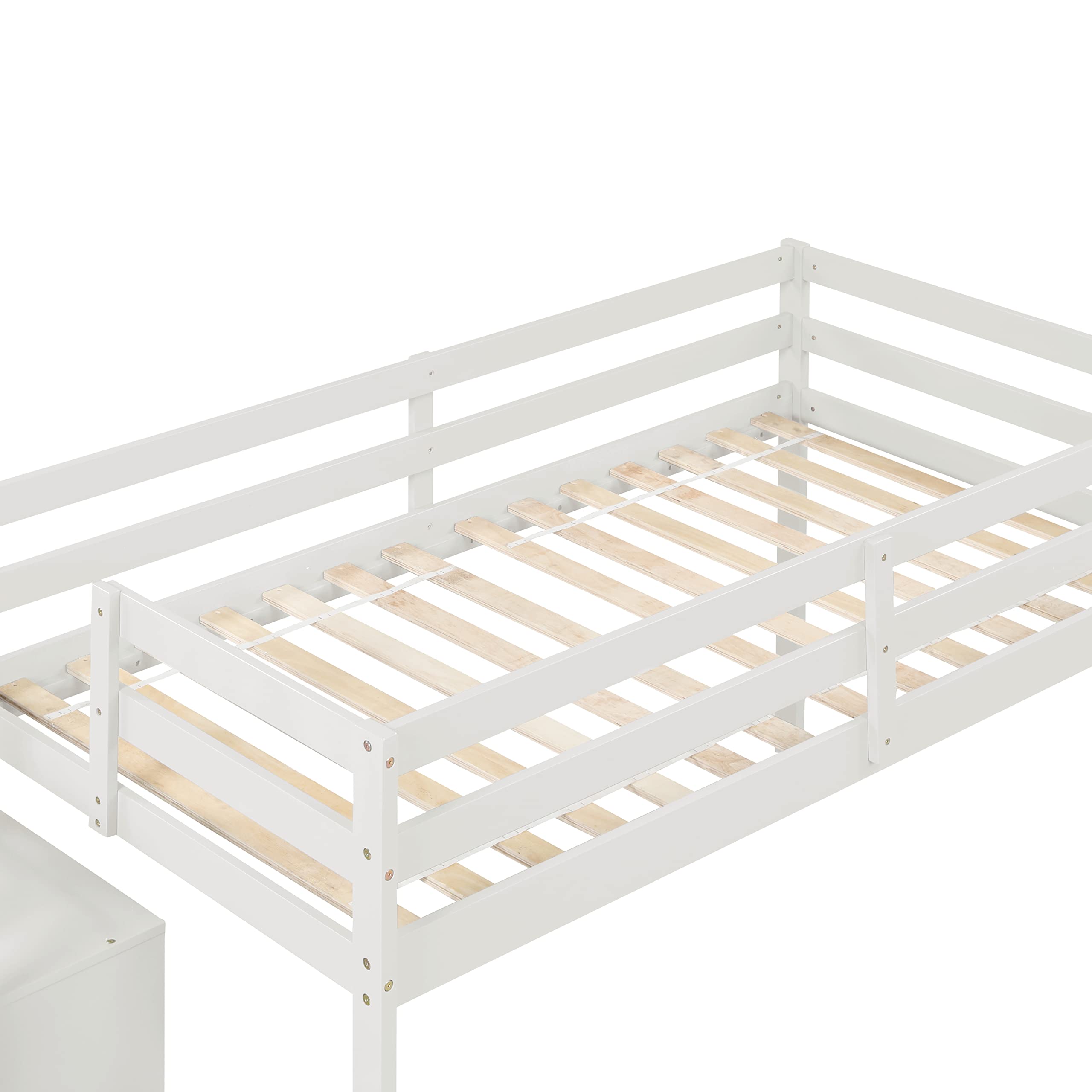 Twin Size Low Loft Bed with Stairs - Kids Wooden Loft Bed Frame with Storage Staircase for Boys & Girls - White - Perfect for Small Bedrooms, Dorm Rooms & Kids' Spaces