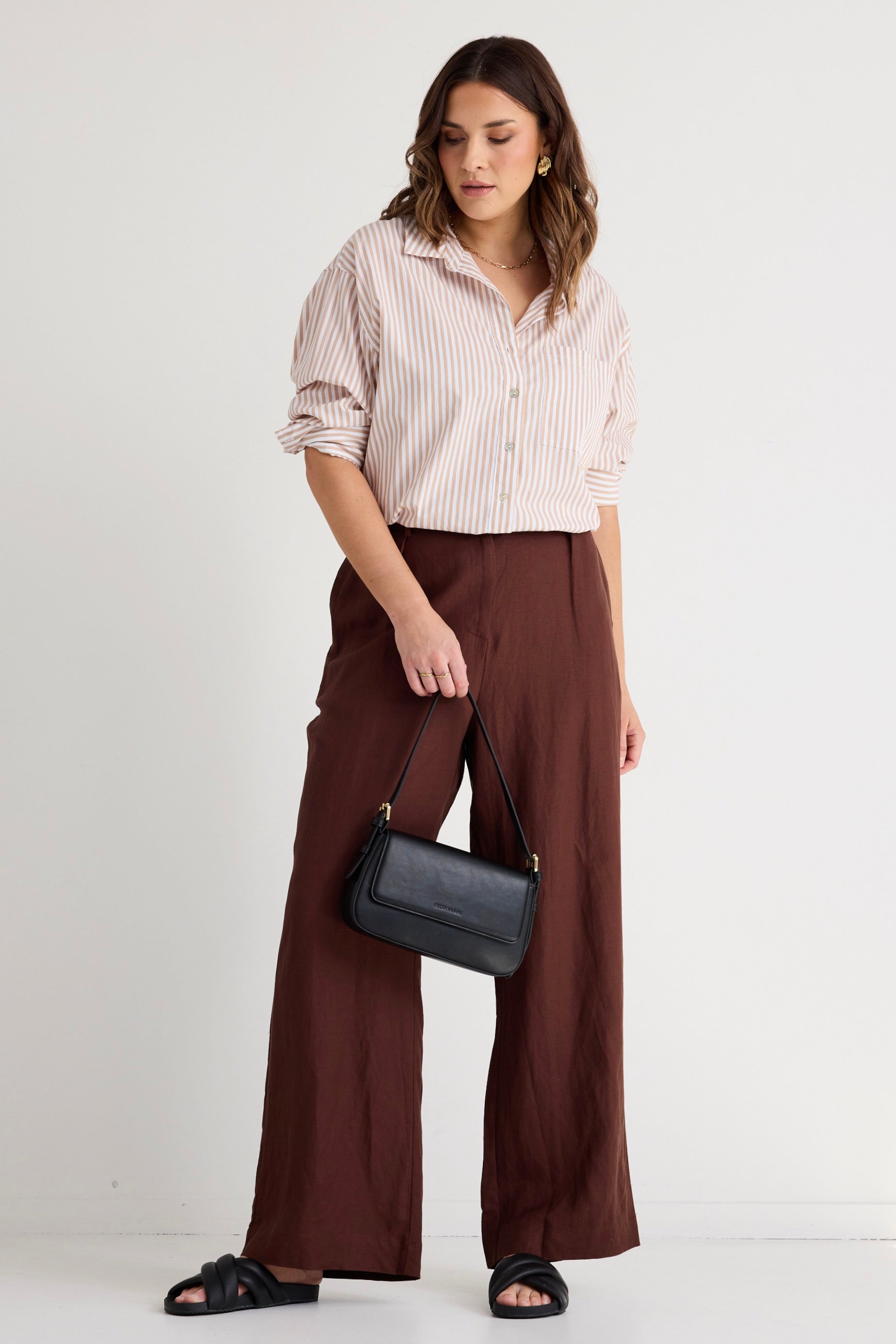 Island Chocolate Linen Pleat Front Wide Leg Pants for Women - Comfortable High Waisted Loose Fit Trousers for Summer, Office & Casual Wear