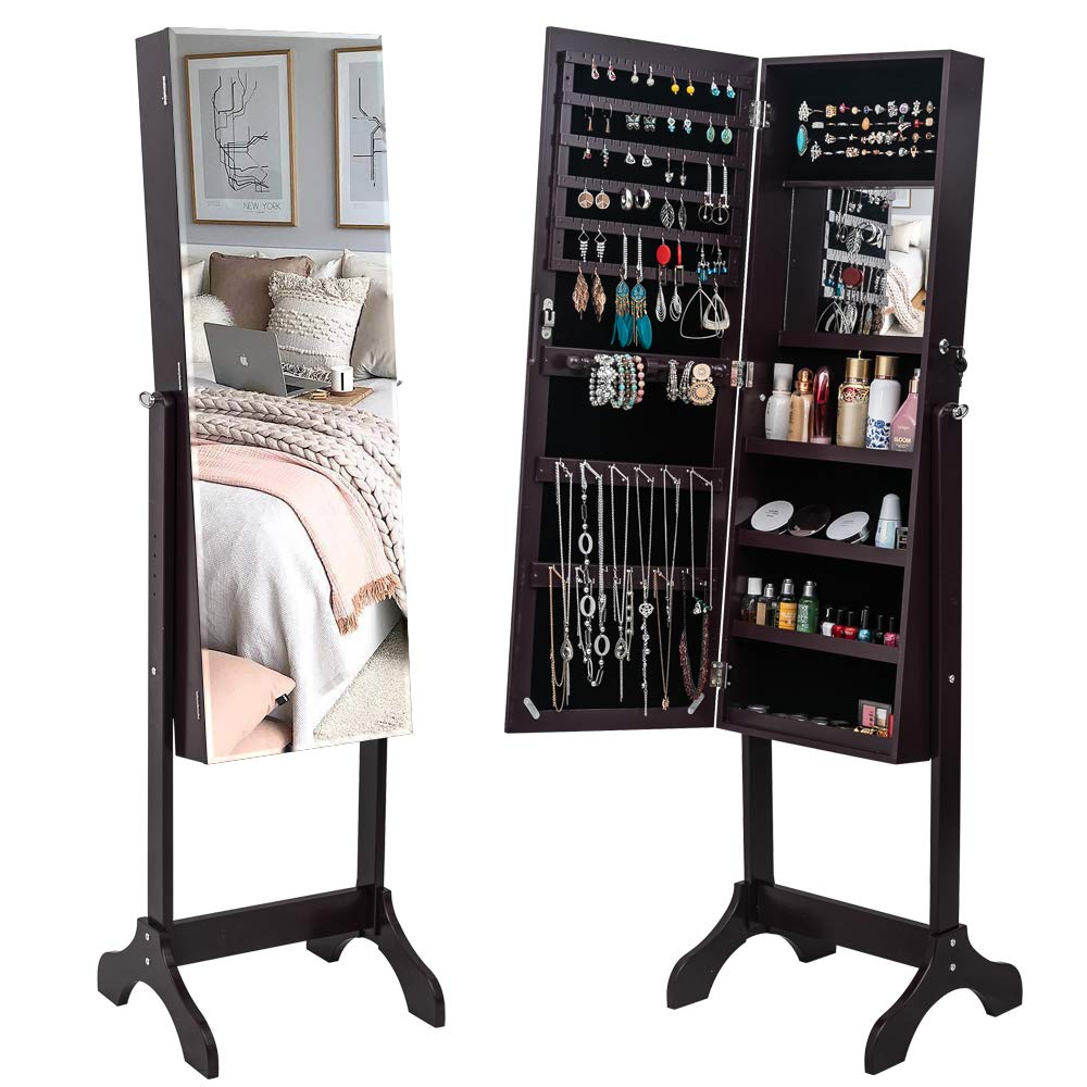 Valkynos Wooden Jewelry Cabinet with Full-Length Mirror - Adjustable Standing Jewelry Armoire Organizer with Lockable Storage - Large Capacity Jewelry Box for Necklaces, Rings & Accessories - Perfect for Bedroom, Closet & Dressing Room Organization (Brown)