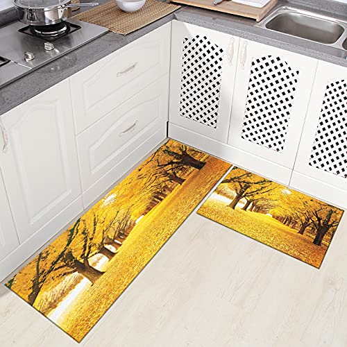 Non-Slip Kitchen Mats Set - Waterproof Anti-Fatigue Floor Rug with Autumn Scenery Design for Cooking, Dishwashing & Standing Comfort in Home Kitchen