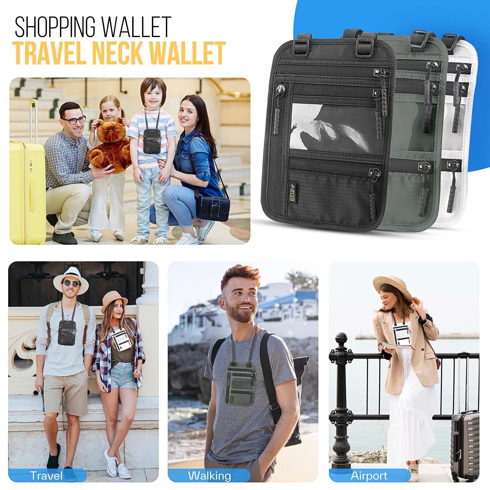 TOPBAG RFID Blocking Passport Holder - Slim Travel Wallet for Women & Men, Anti-Theft Document Organizer with Adjustable Strap & Neck Pouch | Secure ID Protection for Airports, Vacations & Business Trips