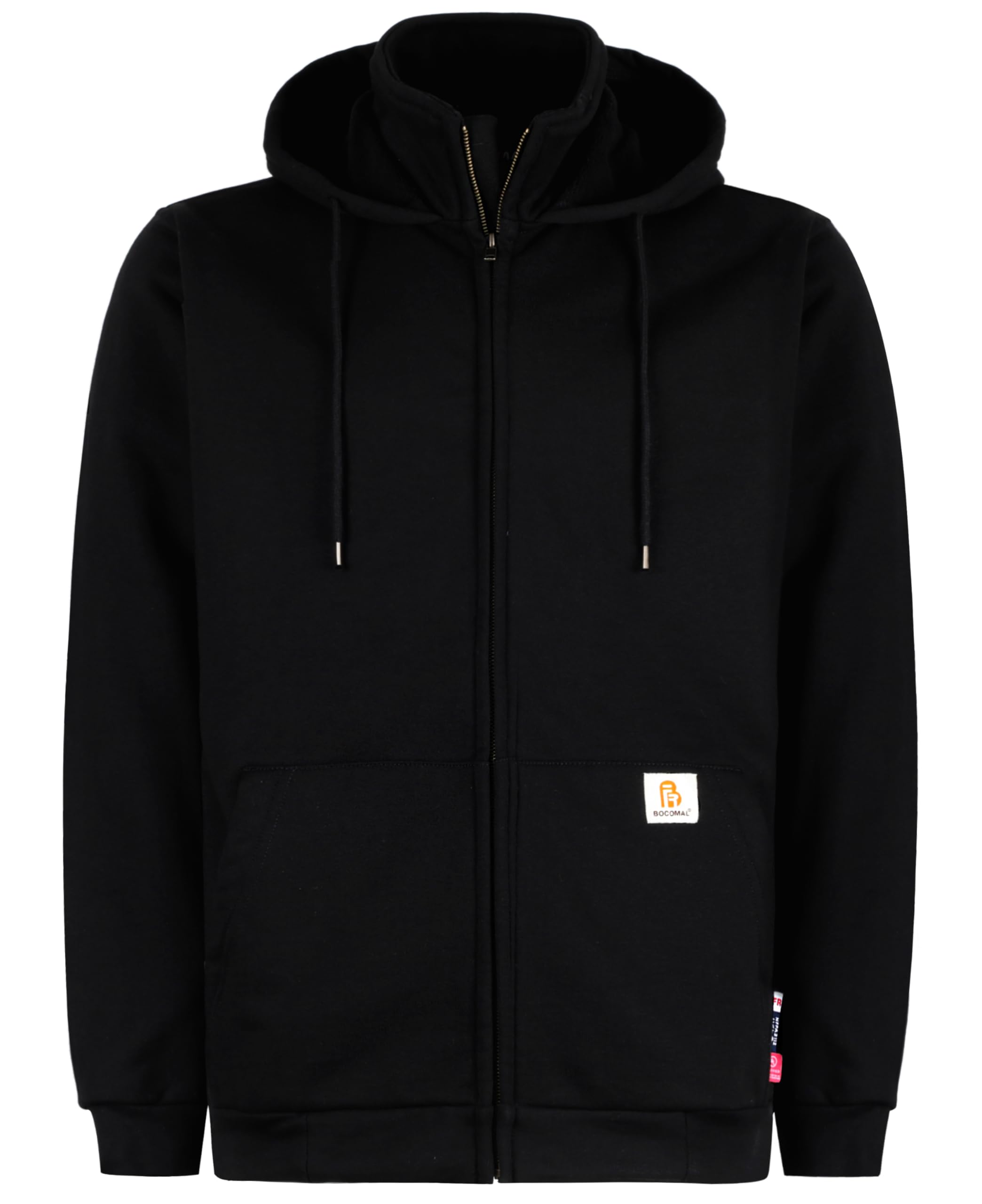 BOCOMAL FR Heavyweight Fleece Hooded Sweatshirt - 14oz NFPA 2112 CAT2 Certified Fire Resistant Zipper Mock-Neck Pullover (Black) - Ideal for Construction, Oilfield & Industrial Safety Workwear