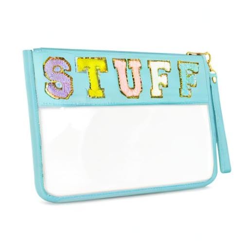 Morcheiong Cute Chenille Letter Cosmetic Bag - Clear Zipper Pouch for Makeup, Travel & School - Portable PVC & Nylon Storage Organizer with Handle - Perfect for Gym, Beach & Daily Use (Cyan)
