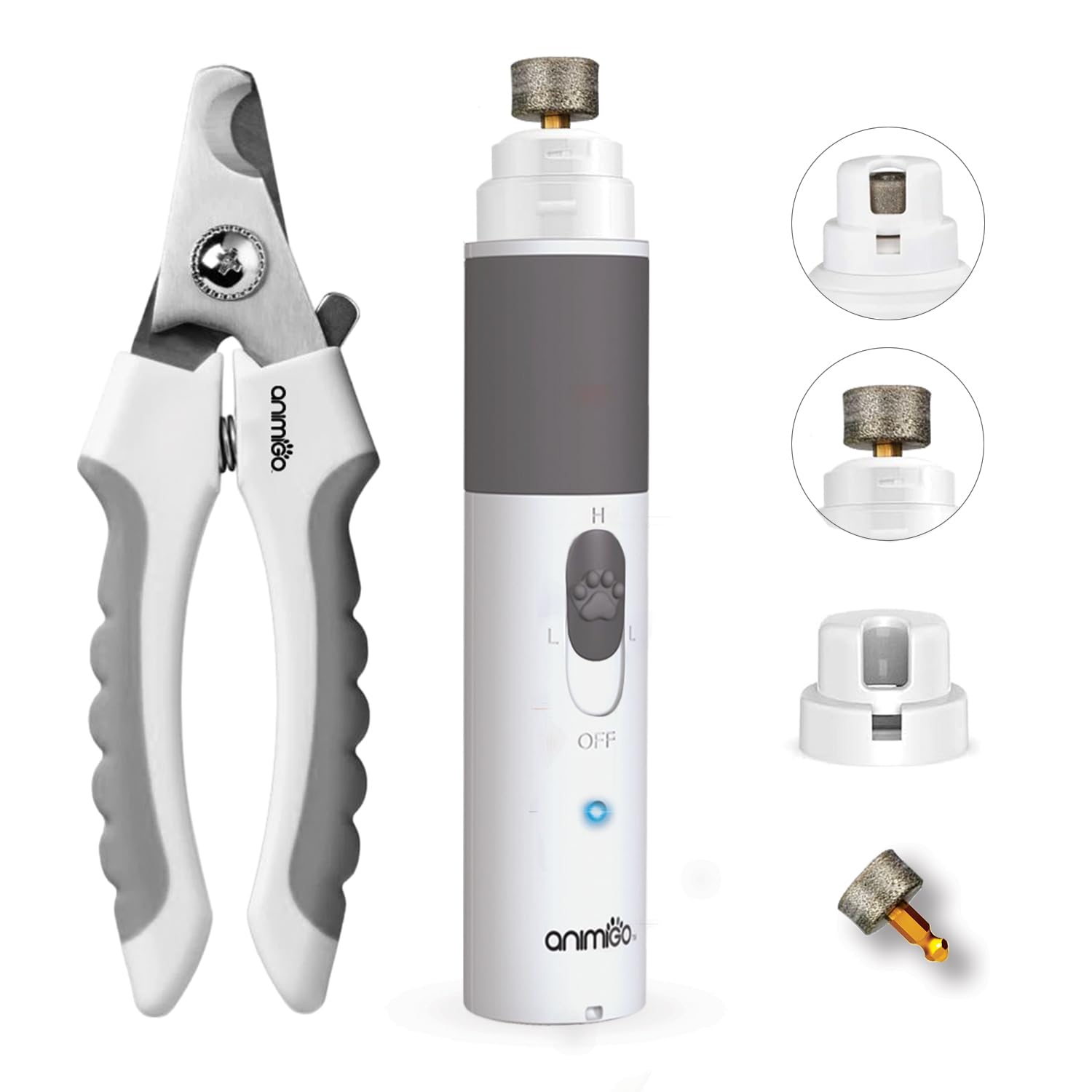 Animigo Dog Nail Grinder - Low Noise, 2-Speed Pet Nail Trimmer with USB Rechargeable Battery & Extra Diamond Grinding Head - Safe for Small & Medium Dogs & Cats - Perfect for Home Grooming & Professional Pet Care