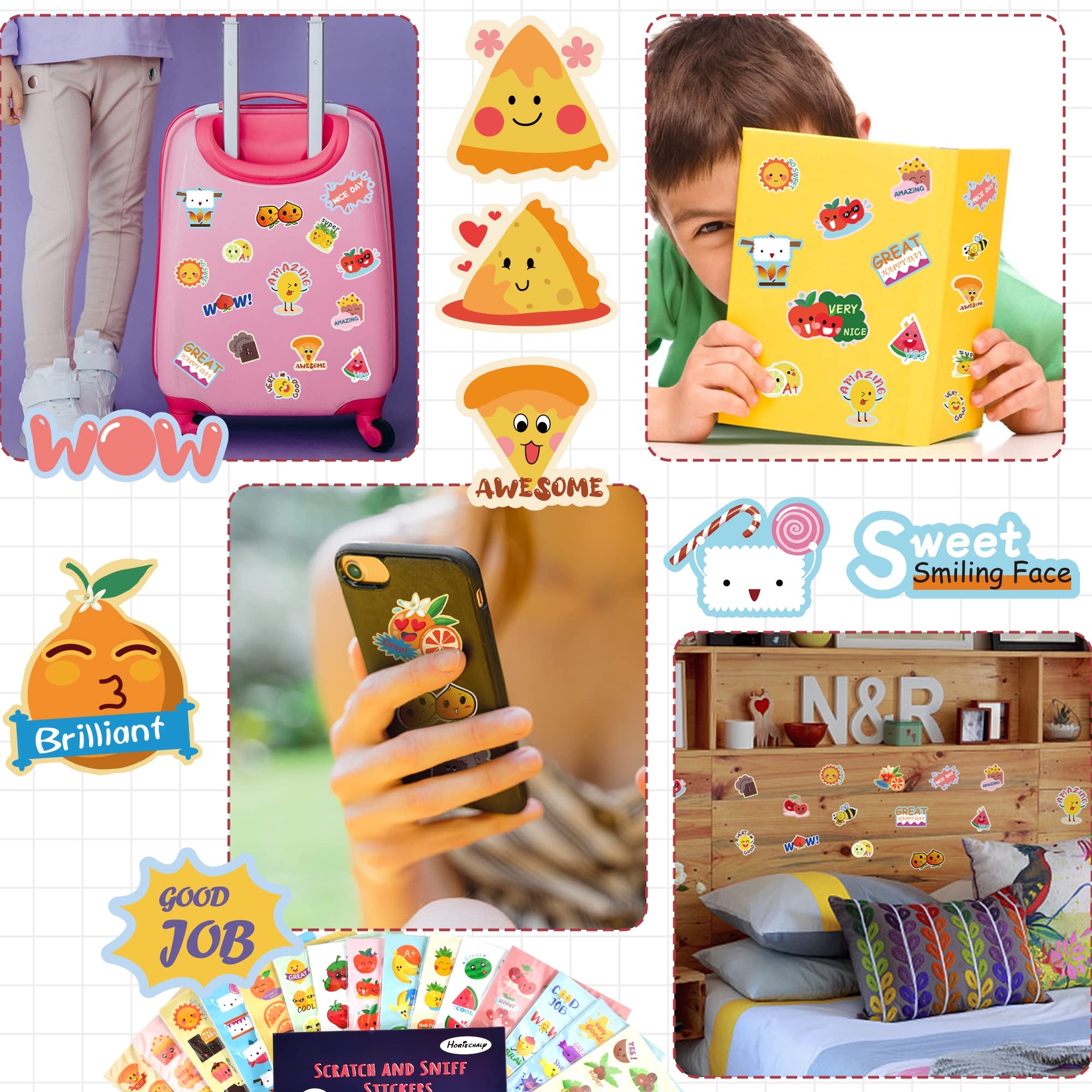 HORIECHALY Scratch and Sniff Stickers for Kids - 85 Sheets with 17 Fun Scents, 1600+ Scented Stickers Featuring Cute Food & Fruit Designs - Perfect for Classroom Rewards, Party Favors & Sensory Play