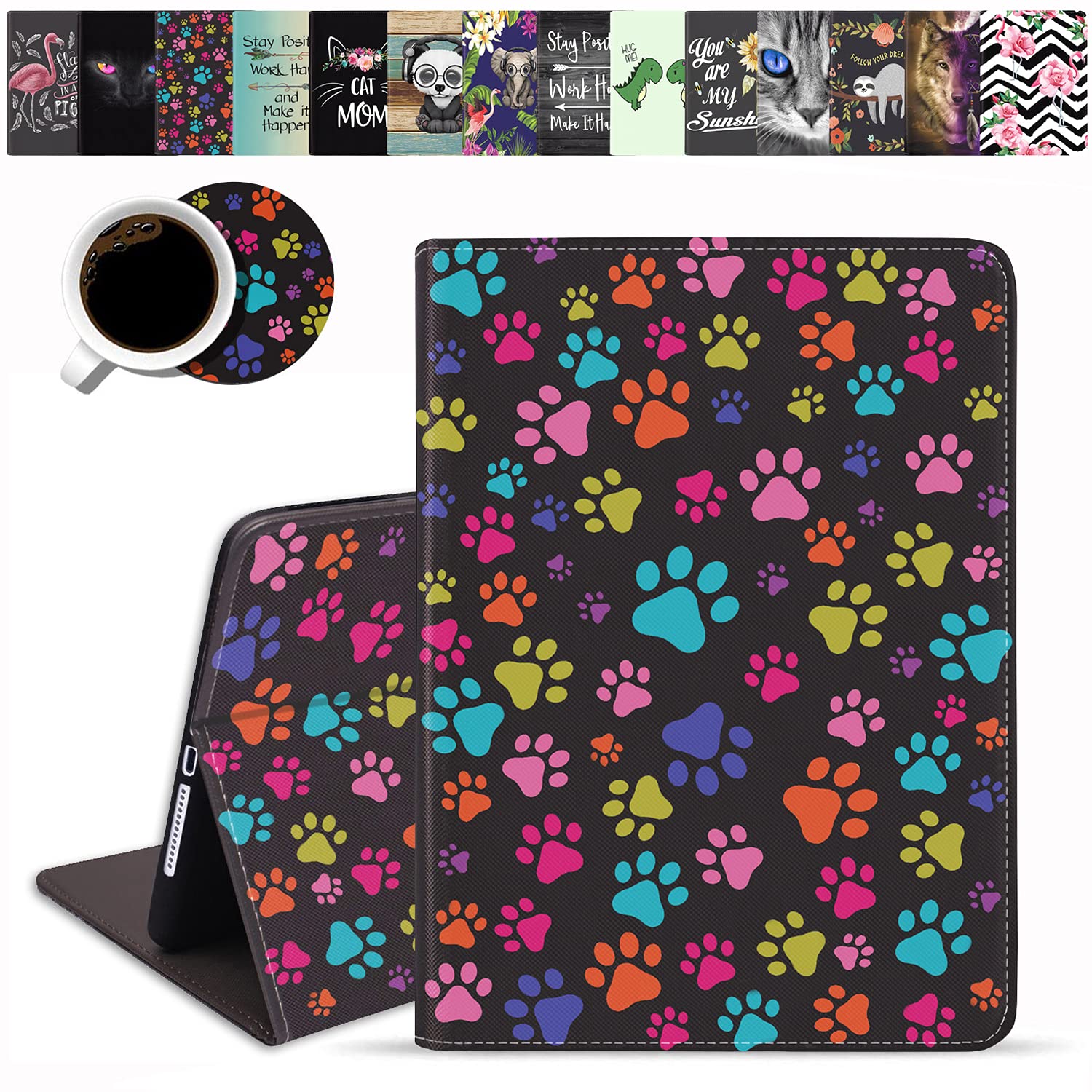 Premium Shockproof TPU Case with Auto Sleep/Wake for iPad 9.7 (2018/2017), iPad Air 2 & iPad Air - Adjustable Folio Smart Cover Stand | Multicolor Dog Paws Design | Perfect for Work, Travel & Home Use