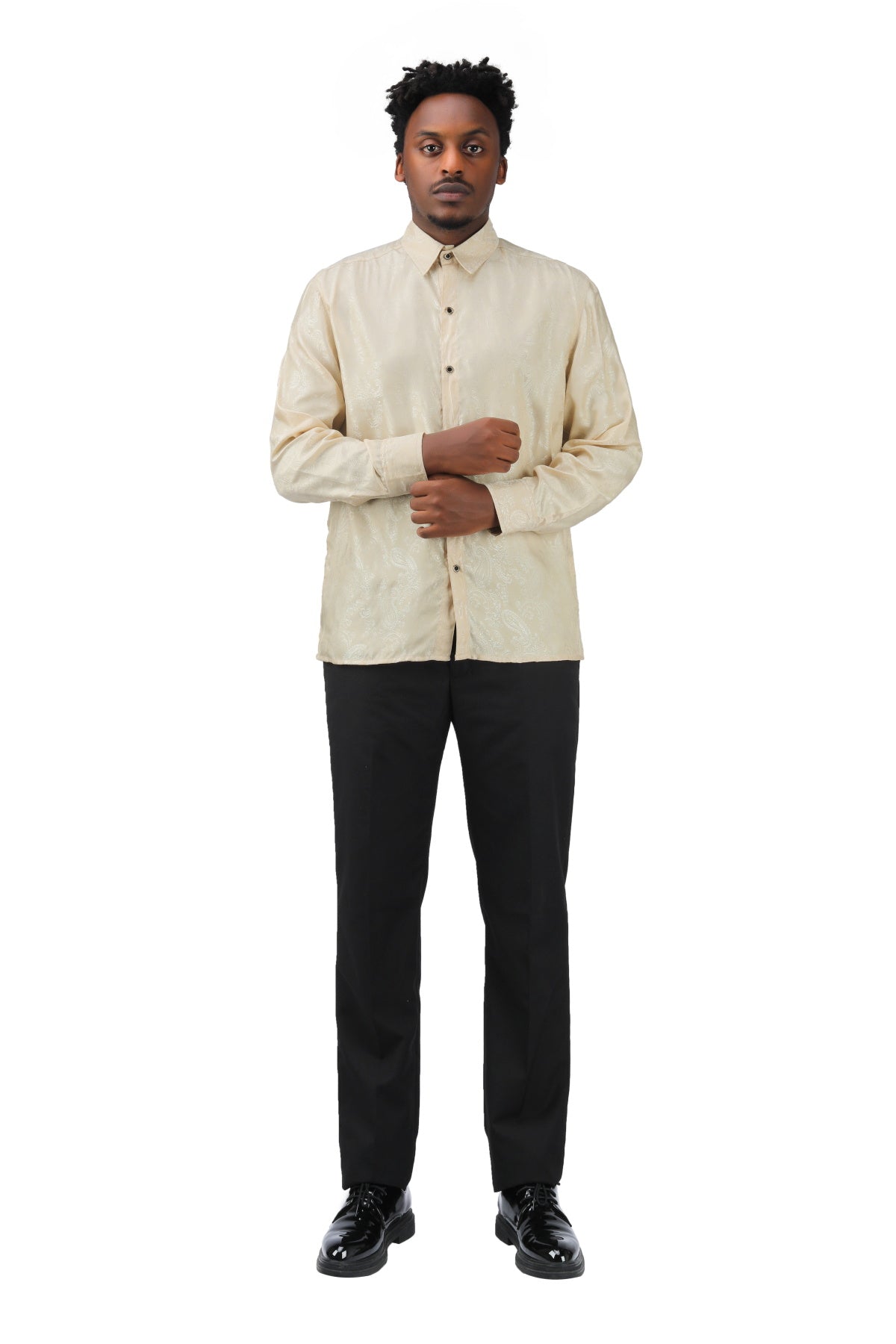 Slim Fit Embroidered Beige Paisley Shirt for Men - Casual Button Down Long Sleeve Dress Shirt for Office, Date Night & Special Occasions