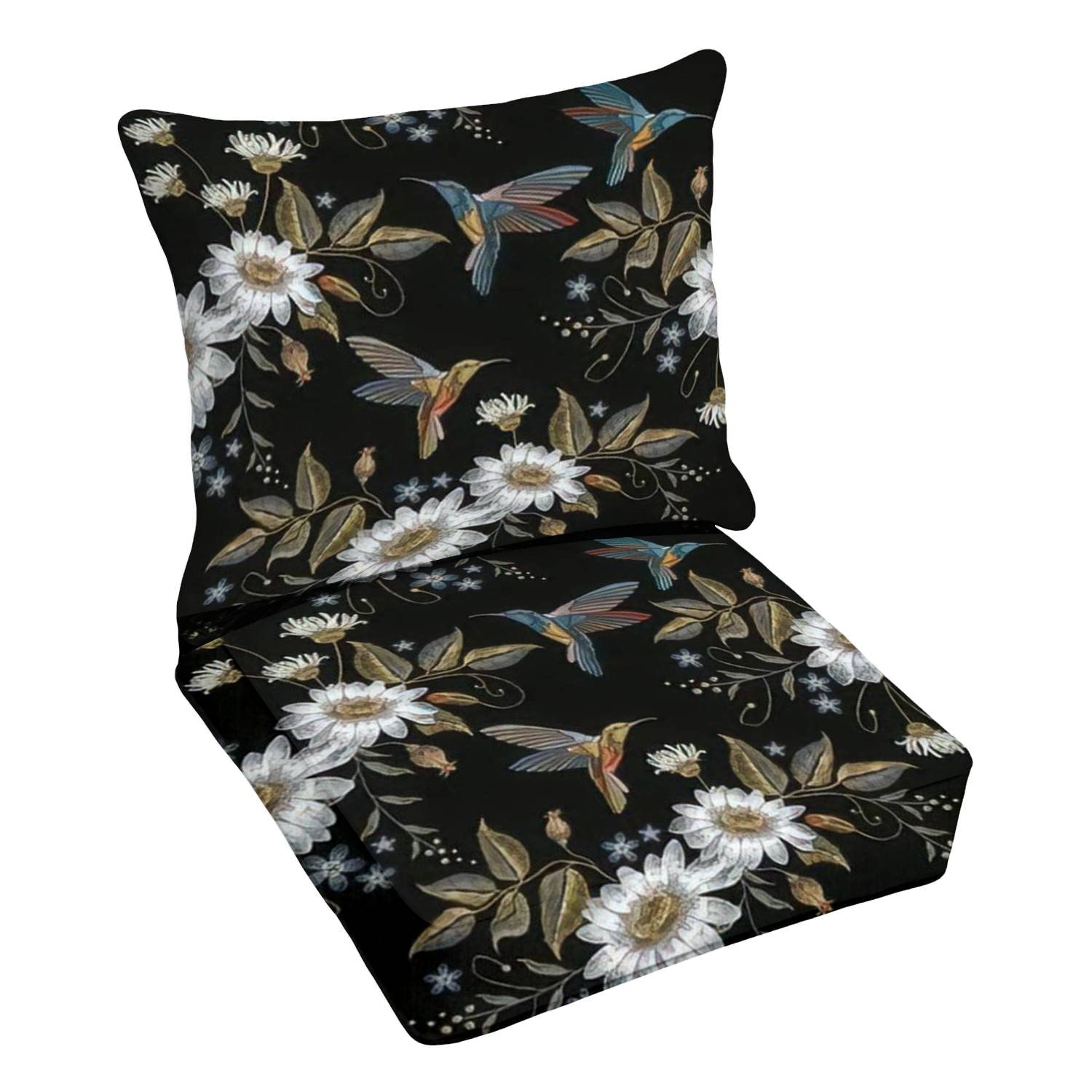 Premium Outdoor Deep Seating Cushion Set - Hummingbird & Chamomile Embroidery Patio Furniture Cushions for Lounge Chairs | Waterproof & UV Resistant Replacement Cushions | Perfect for Garden, Poolside & Backyard Relaxation