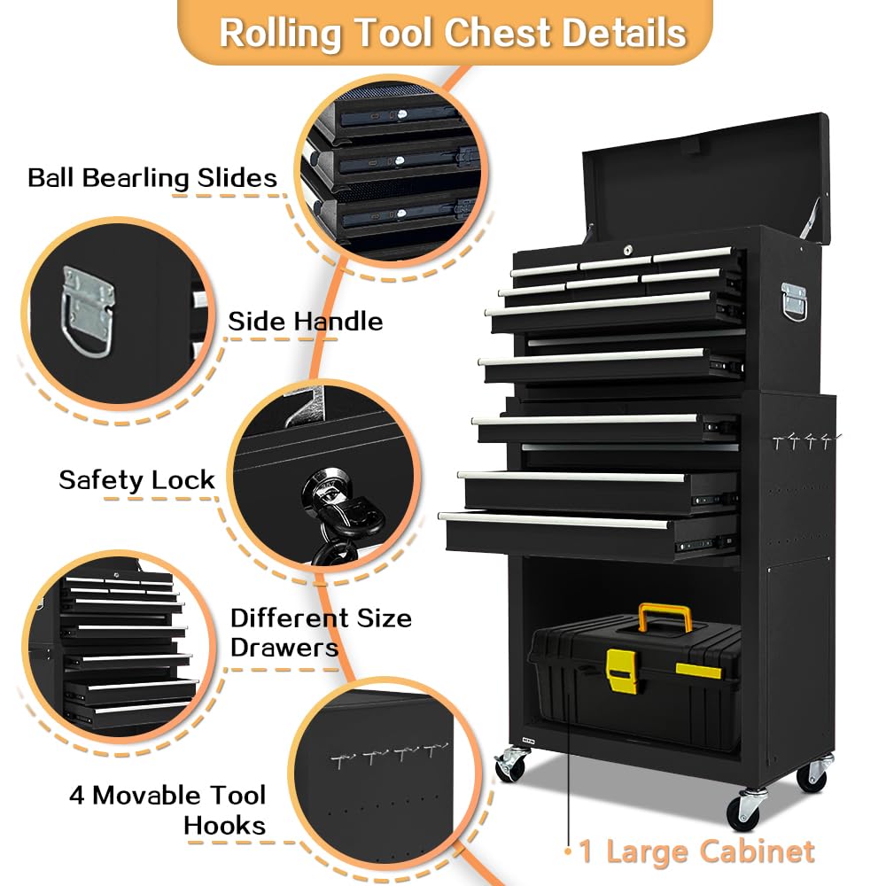 13-Drawer Rolling Tool Chest with Detachable Toolbox - Heavy Duty Metal Tool Storage Cabinet with Sliding Drawers for Garage, Workshop & Mechanic Tools Organization (Black) - Perfect for Automotive Repair, DIY Projects & Professional Workspaces