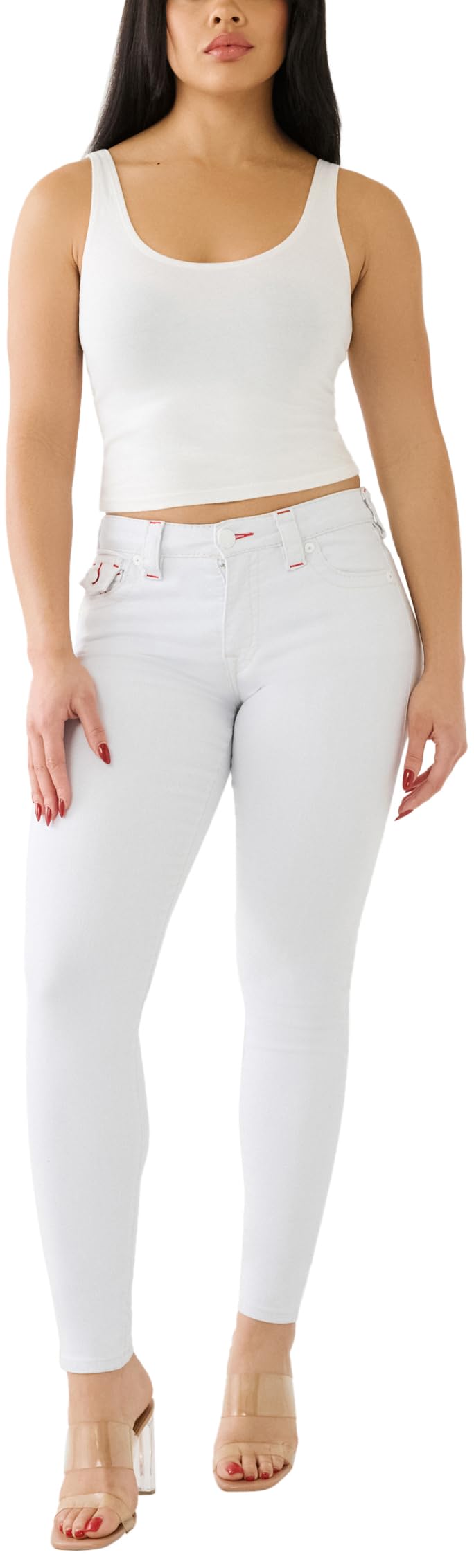 True Religion Women's Jennie Curvy Skinny Big T Flap Jeans in Optic White | High Waist Stretch Denim for Women | Perfect for Casual Wear, Night Out & Everyday Fashion