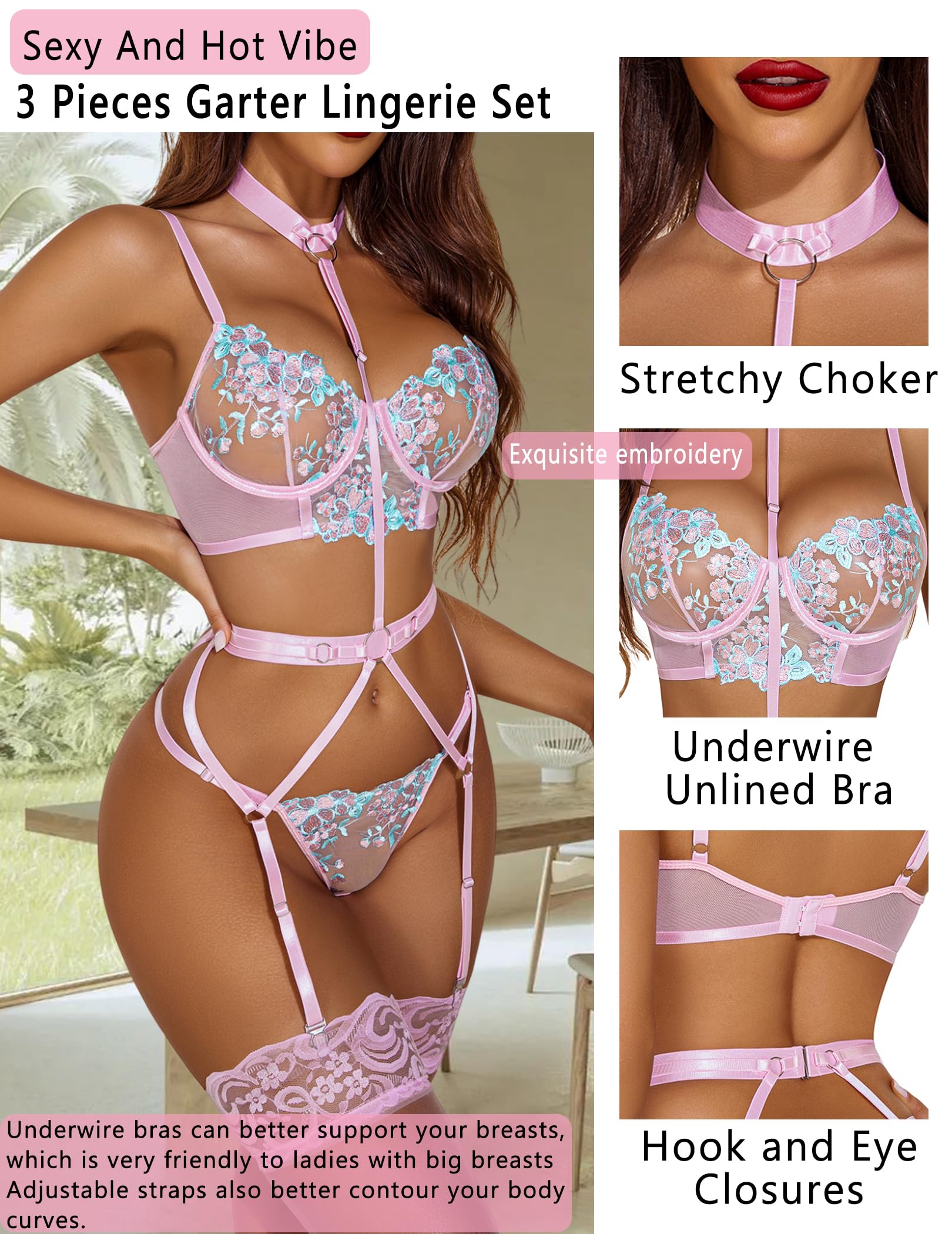 Avidlove Women's Sexy Floral Embroidered Lingerie Set with Removable Choker & Underwire - No Stockings Included | Perfect for Valentine's Day, Bridal Shower & Romantic Nights