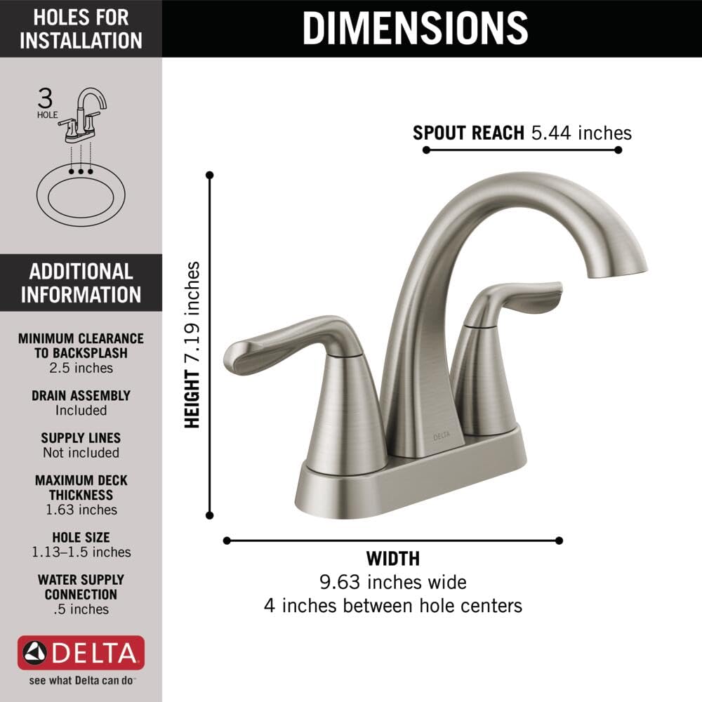Delta Arvo Centerset Bathroom Faucet in Brushed Nickel - 25840LF-SP with Drain Assembly & SpotShield Stainless Finish - Perfect for Modern Bathroom Sinks, Vanities, and Powder Rooms