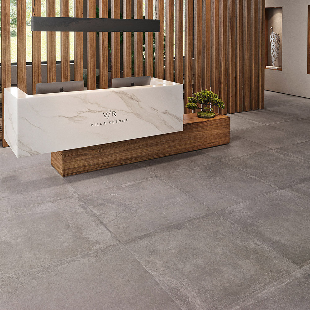 Evolene Grey 600x600mm Satin Finish Porcelain Tile - Concrete Look Floor & Wall Tile for Modern Living Rooms, Kitchens & Commercial Spaces