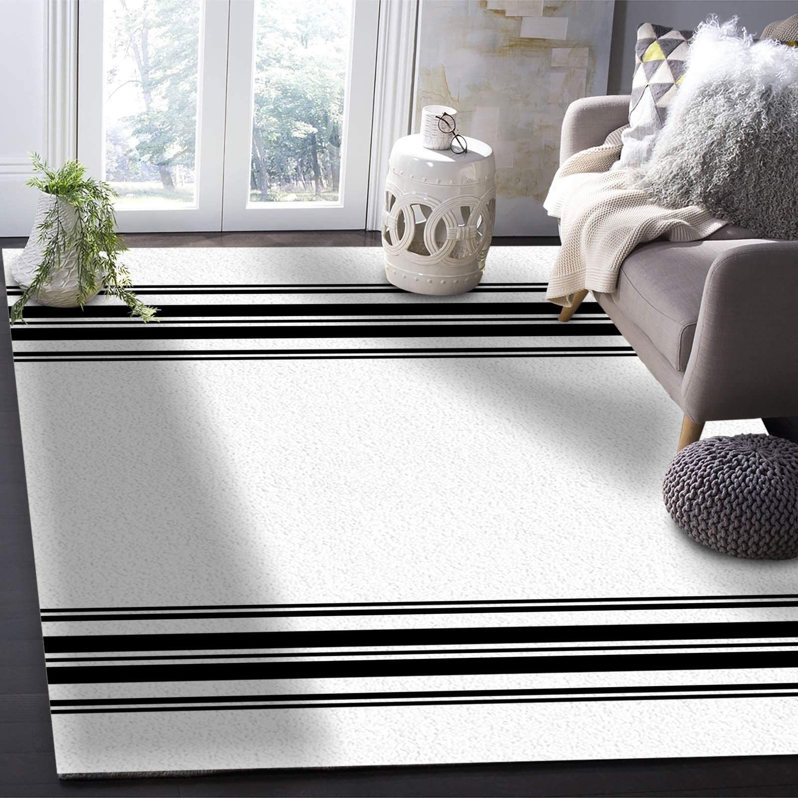 Modern Black & White Striped Area Rug - Abstract Geometric Soft Washable Carpet for Nursery, Kids Room, Living Room & Bedroom Decor - 5'3