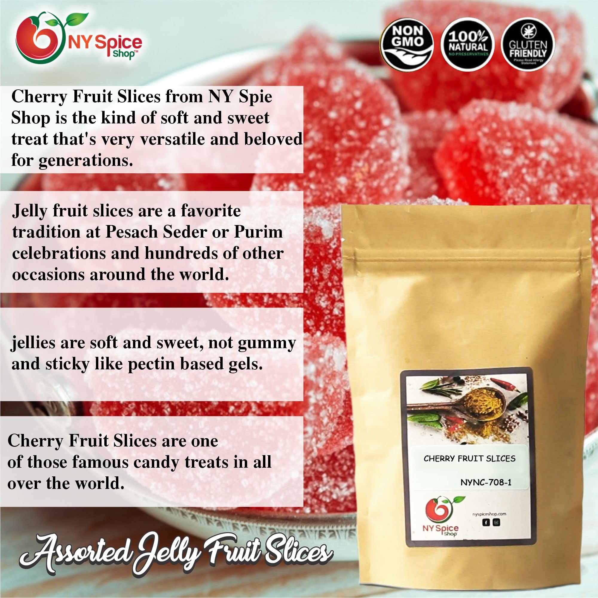 NY Spice Shop Cherry Fruit Slices Jelly Candy - 1 Pound Bulk Old Fashioned Gummy Candy - Sweet & Chewy Candied Fruit Slices for Baking, Snacking & Gift Giving