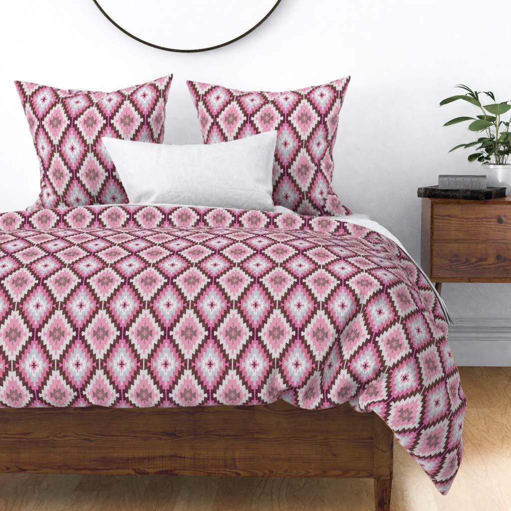 Custom Kilim Pink Brown Moroccan Bohemian Print Cotton Sateen Duvet Cover | Full/Queen Size | Spoonflower Premium Bedding | Perfect for Bohemian & Eclectic Bedroom Decor
