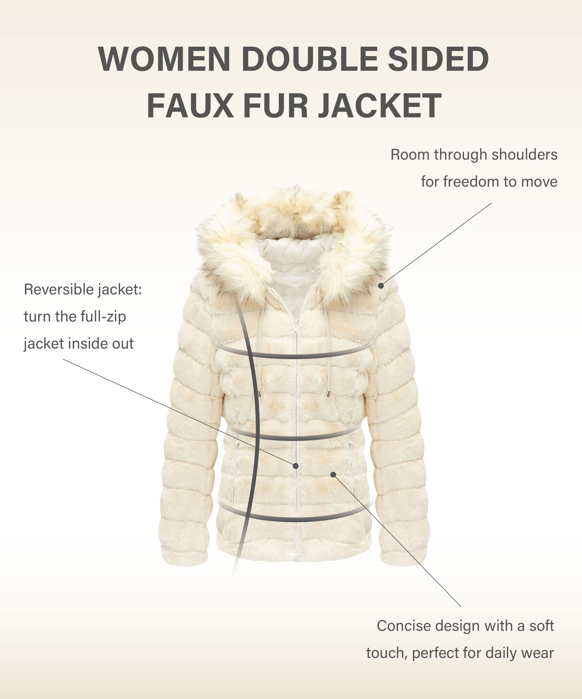 Bellivera Women's Reversible Faux Fur Jacket - Double Sided Winter Coat with Hood & Fur Collar | Warm Fashion Outerwear for Fall, Winter & Spring Seasons | Perfect for Casual Outings, Travel & Cold Weather Protection