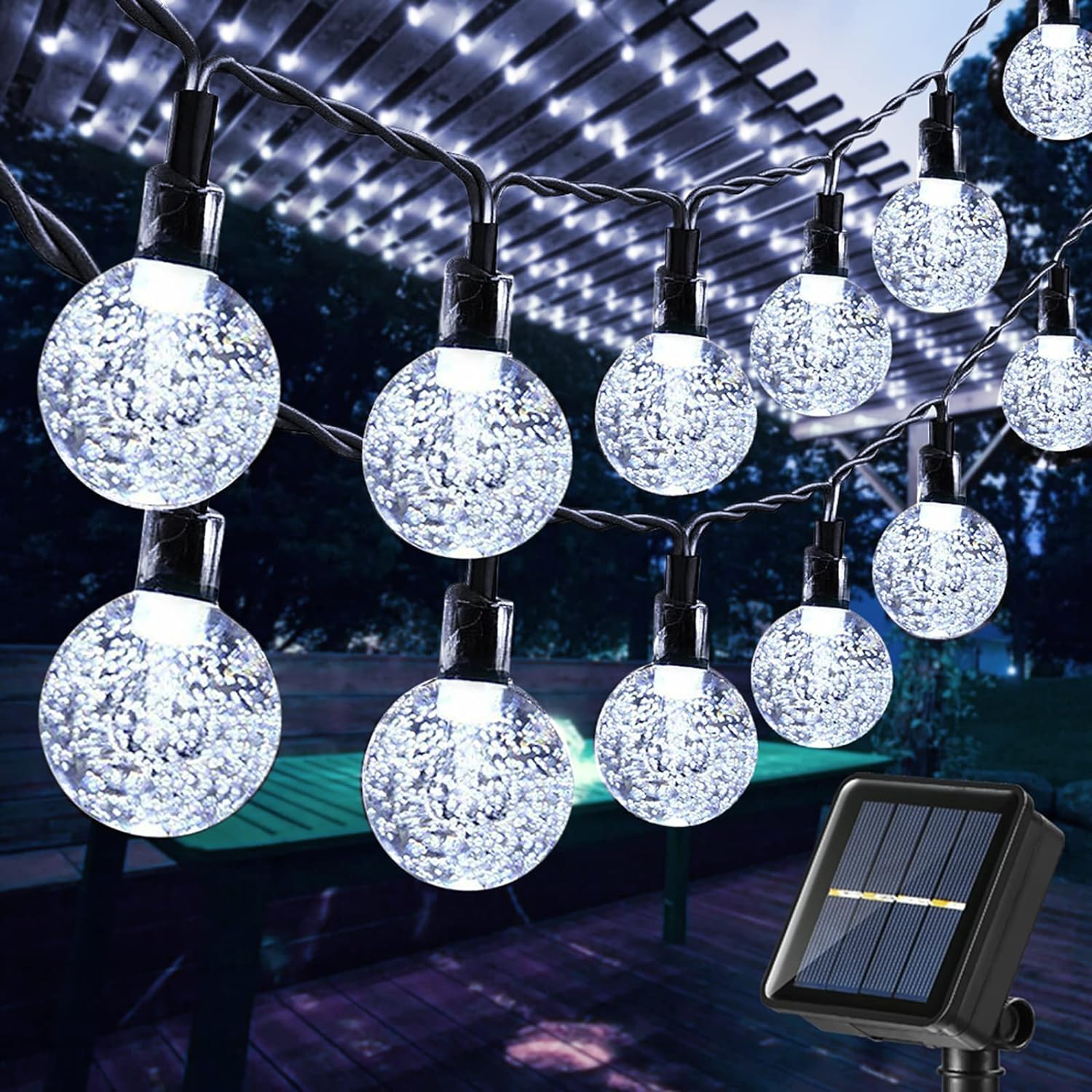 Toodour 36ft 60 LED Solar String Lights Outdoor Waterproof - Crystal Ball Fairy Lights with 8 Lighting Modes for Garden, Patio, Yard, Gazebo - Cool White | Perfect for Outdoor Parties, Weddings & Backyard Decor