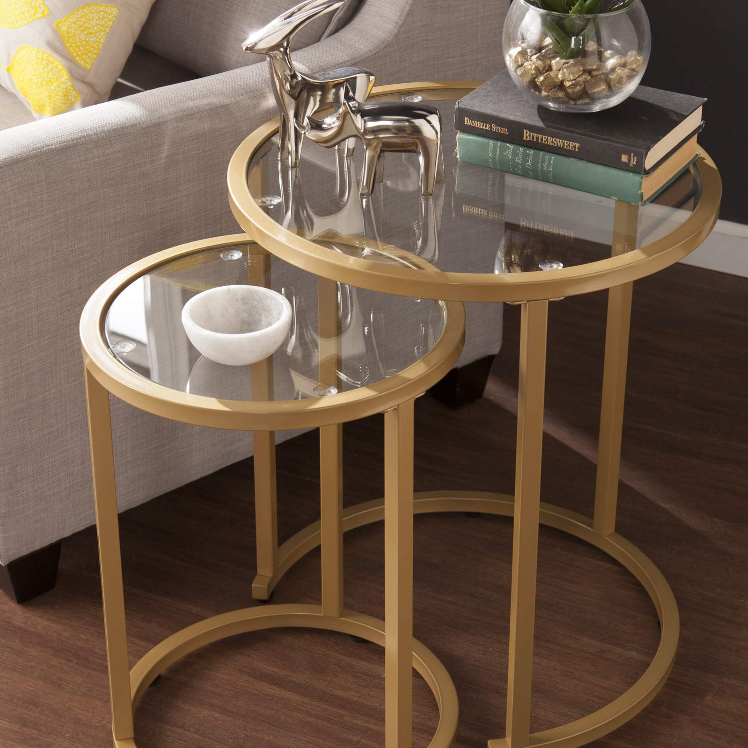 SEI Furniture Evelyn Glam Nesting Side Table 2-Piece Set in Gold - Modern Accent Tables for Living Room, Bedroom & Office Decor
