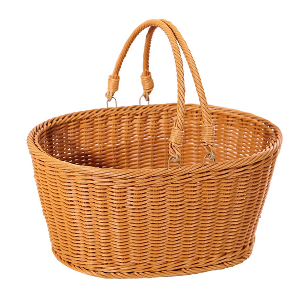 YXW PP Plastic Rattan Picnic Basket with Handle - Hand-Woven Oval Storage Hamper for Vegetables, Fruits, Easter Bread & Candy - Natural Color (Small/Large) - Perfect for Outdoor Picnics, Grocery Shopping & Holiday Gift Giving