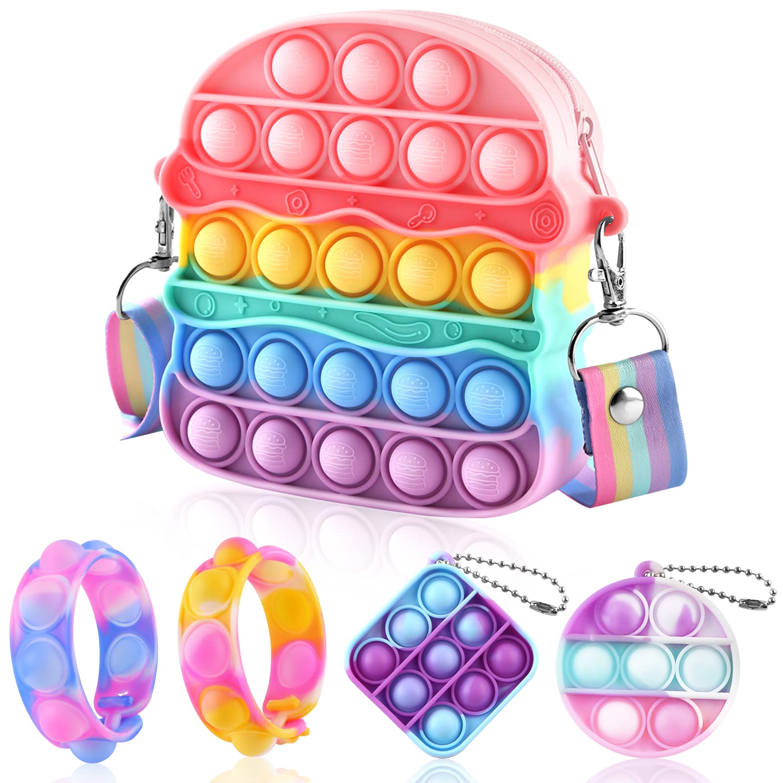 **Pop Fidget Purse Bubble Sensory Toy – Rainbow Silicone Popit Purse for Girls & Women, Adjustable Strap Keychain Shoulder Bag – Stress Relief, Anxiety Relief, Perfect for Travel, School & Office Use**