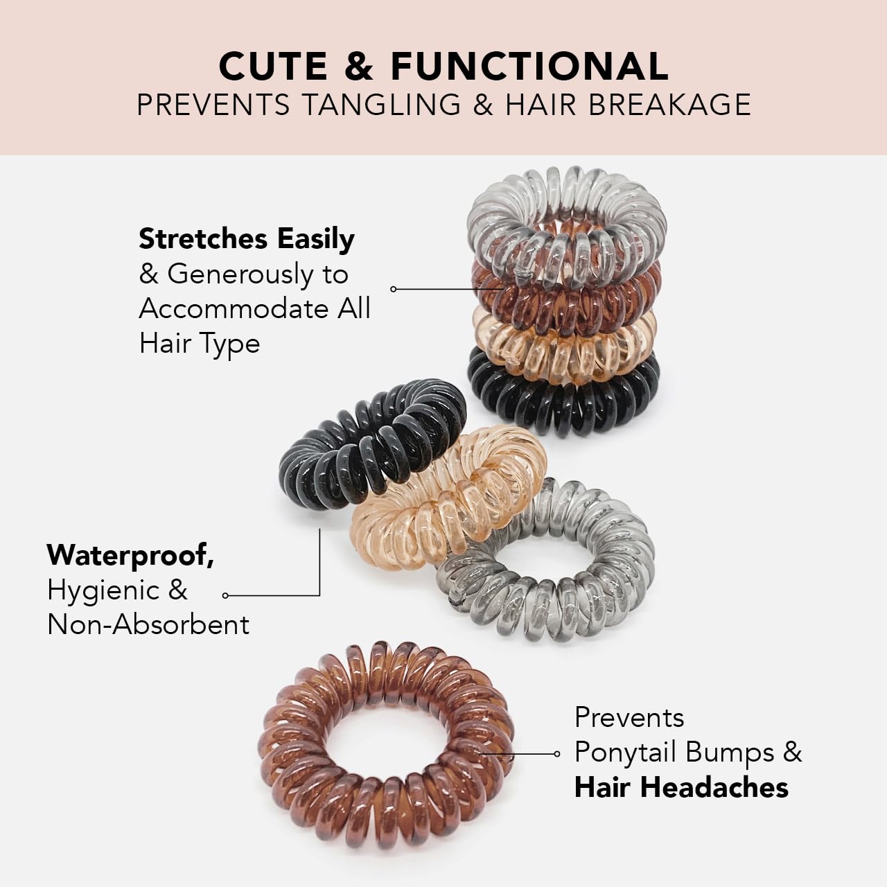 Kitsch Spiral Hair Ties for Women - No Damage Creaseless Hair Bands, Soft Phone Cord Coils for Ponytails & Buns - Flexible Plastic Hair Ties (4 Pack, Brunette) - Perfect for Workouts, Office & Everyday Hairstyles