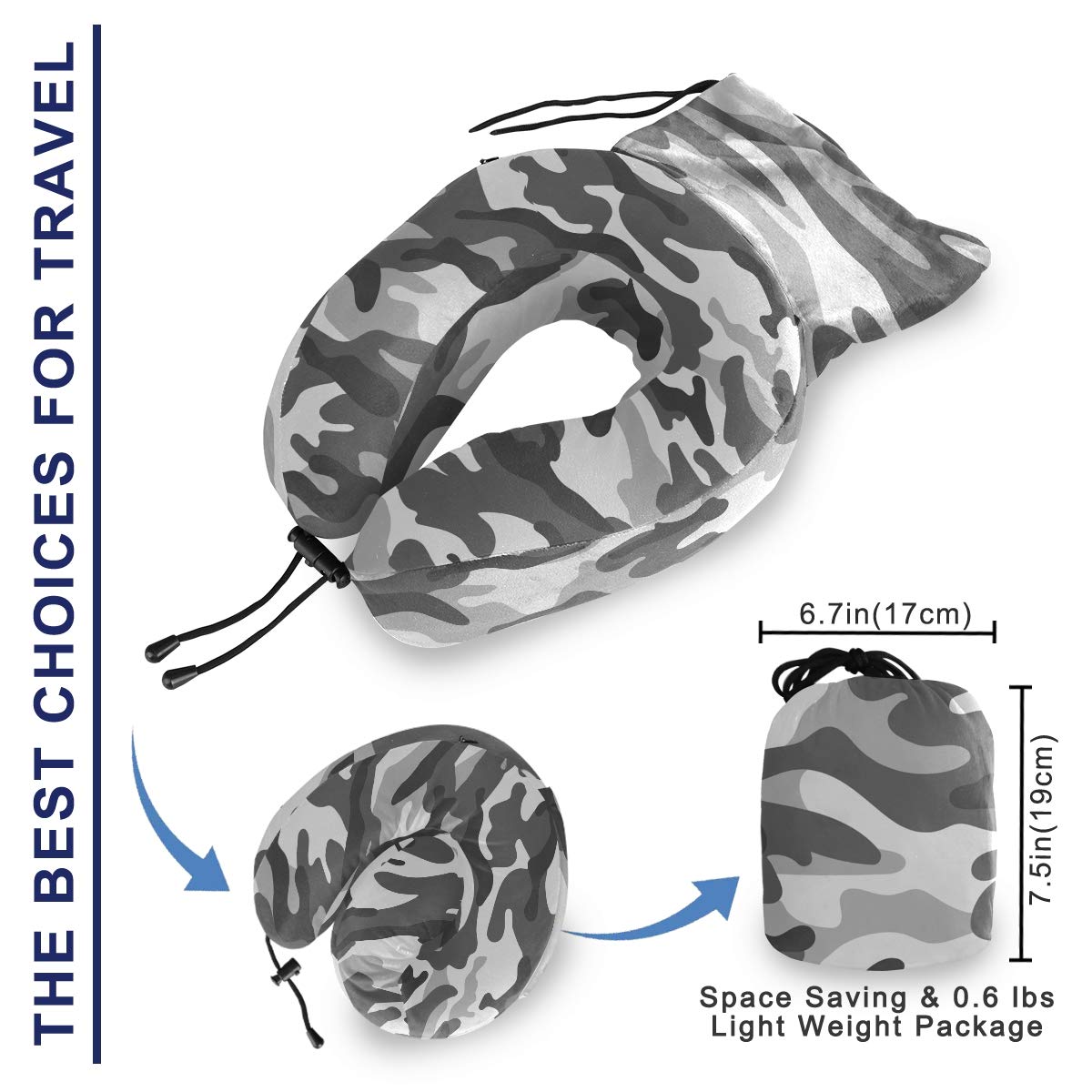 ALAZA Memory Foam Travel Pillow - Gray Military Camouflage Neck Support Pillow for Airplane, Car & Office - Soft, Comfortable & Washable with Snap Clip - Perfect for Long Flights, Road Trips & Work Breaks