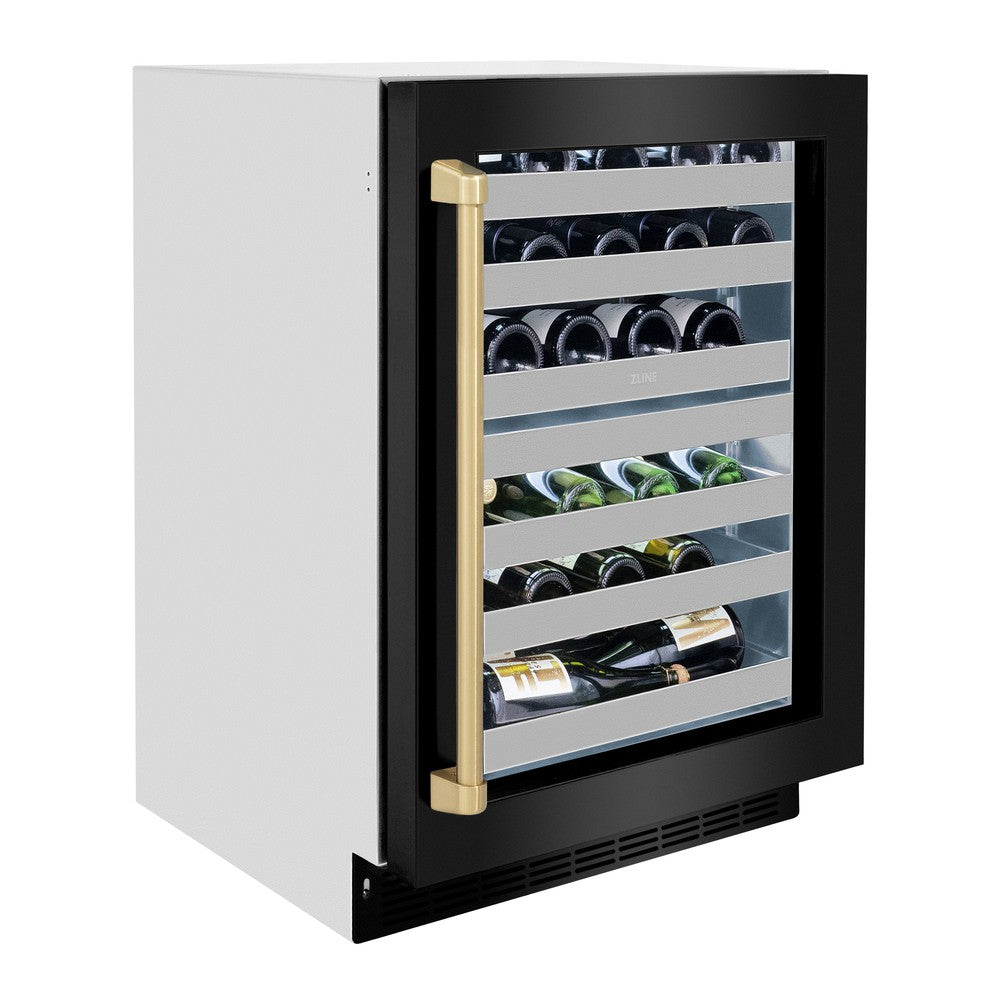 ZLINE Autograph Edition 24 Inch Touchstone Dual Zone 44 Bottle Wine Cooler - Black Stainless Steel Glass Door & Champagne Bronze Handle - Perfect for Home Bars, Wine Cellars, and Entertaining (RWDOZ BS 24 CB)